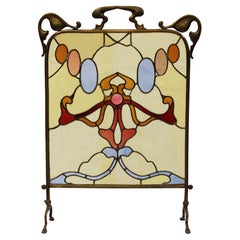 Biombo Art Nouveau de latón y Stained glass