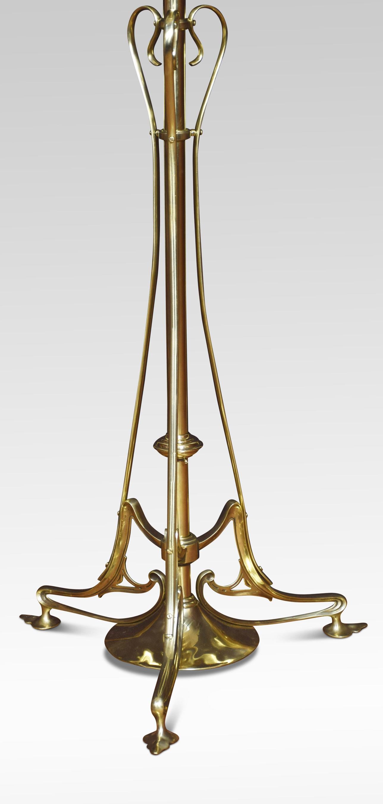 Art Nouveau brass standard lamp, the circular adjustable brass column raised up on outswept sinuous supports, terminating on leaf-like feet. Together with shade, the lamp has been rewired and tested.
Dimensions
Height 56.5 inches adjustable
Width