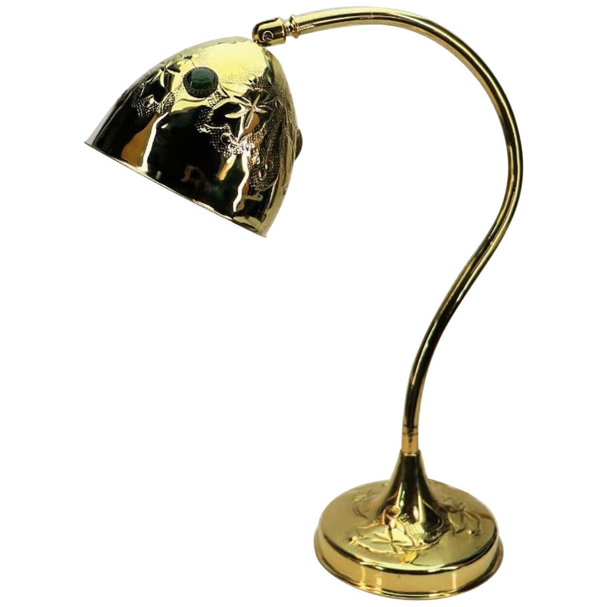 Art Nouveau Brass Table Lamp with Glass Cabochons, 1910 For Sale