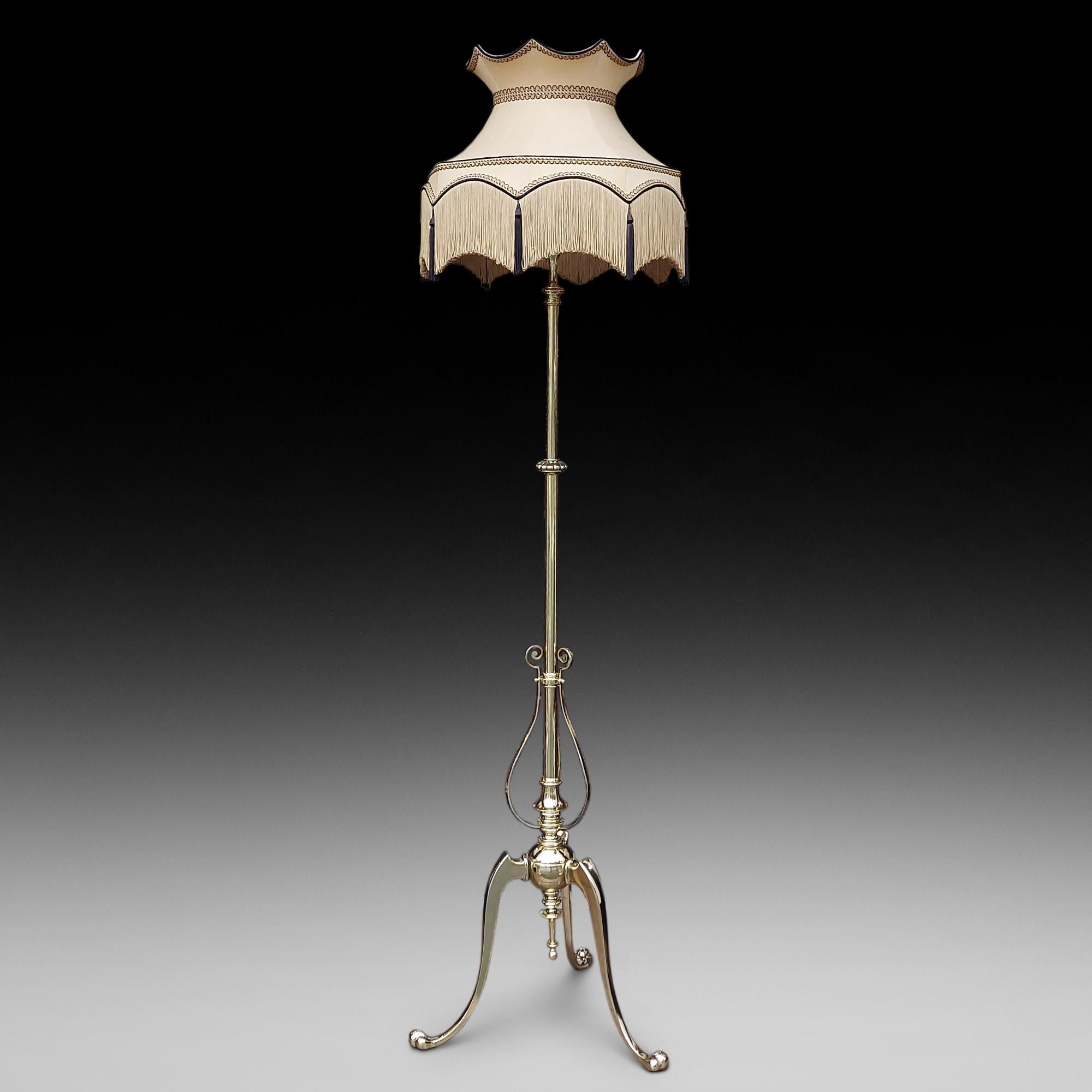 Art Nouveau Brass Telescopic Standard Oil Lamp converted to electric - The lampshade(s) are newly handmade silks by the same maker as provides the shades for Downton Abbey - all lights and lamps have been rewired with authentic corded flex, fitted