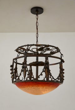 Art Nouveau Brass Tole Pendant with Amber Glass Shade by Muller Frères