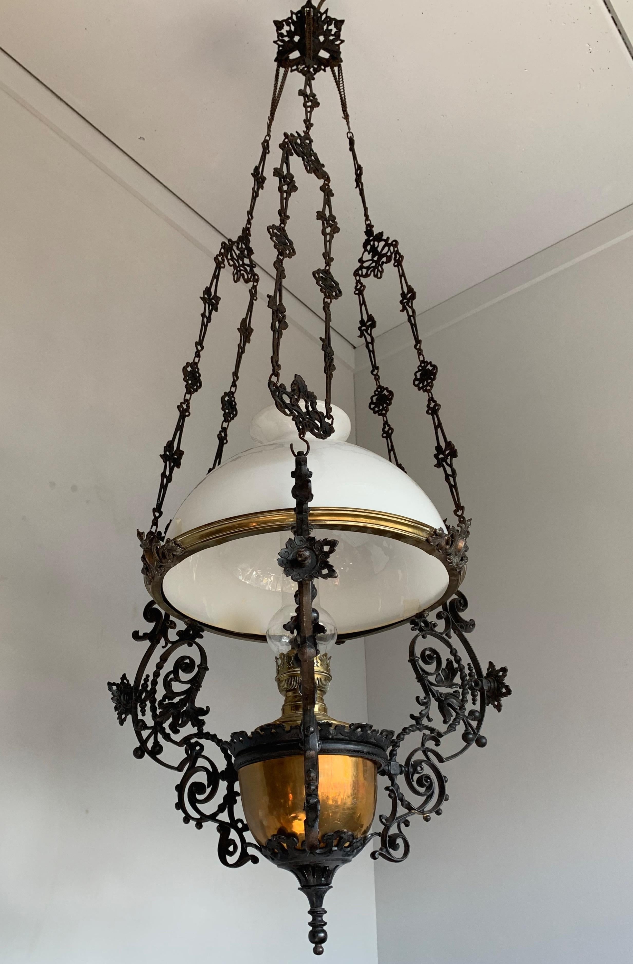20th Century Art Nouveau, Brass Vessel and Opaline Shade Oil Lamp or Adjustable Chandelier
