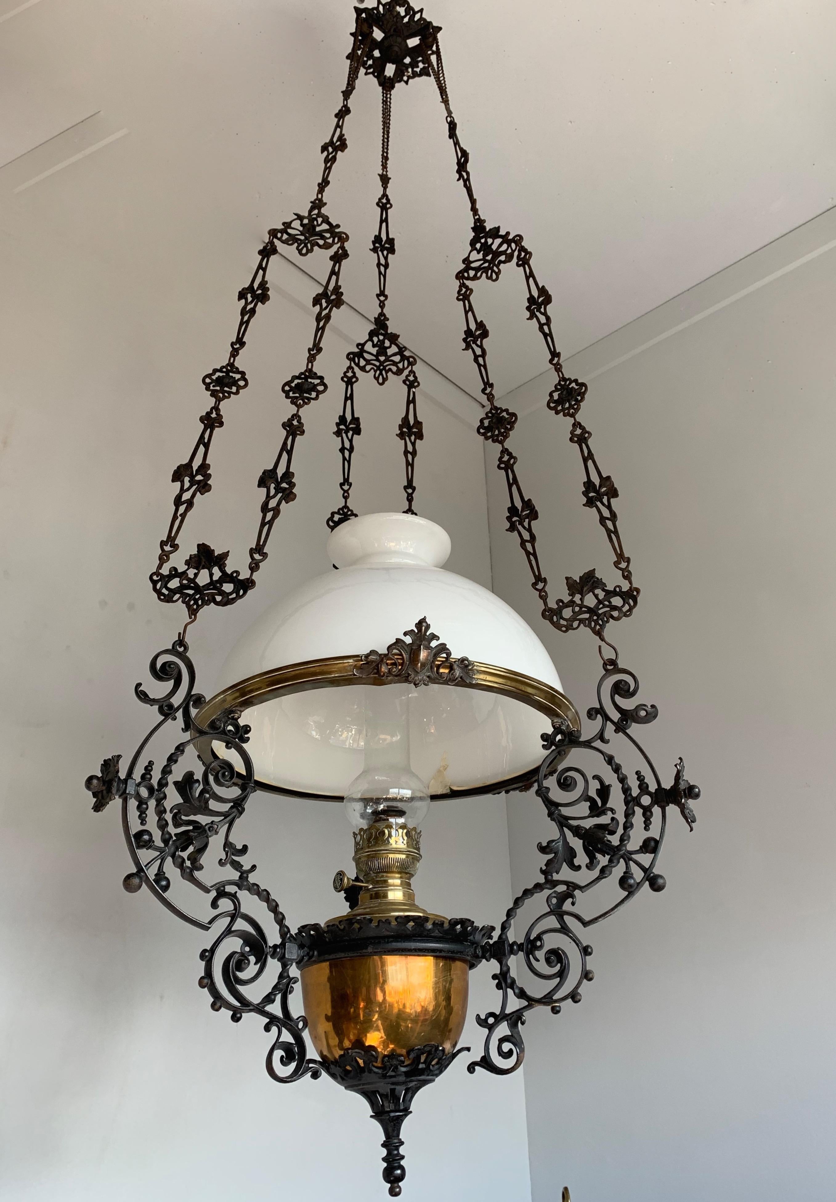 Art Nouveau, Brass Vessel and Opaline Shade Oil Lamp or Adjustable Chandelier 1