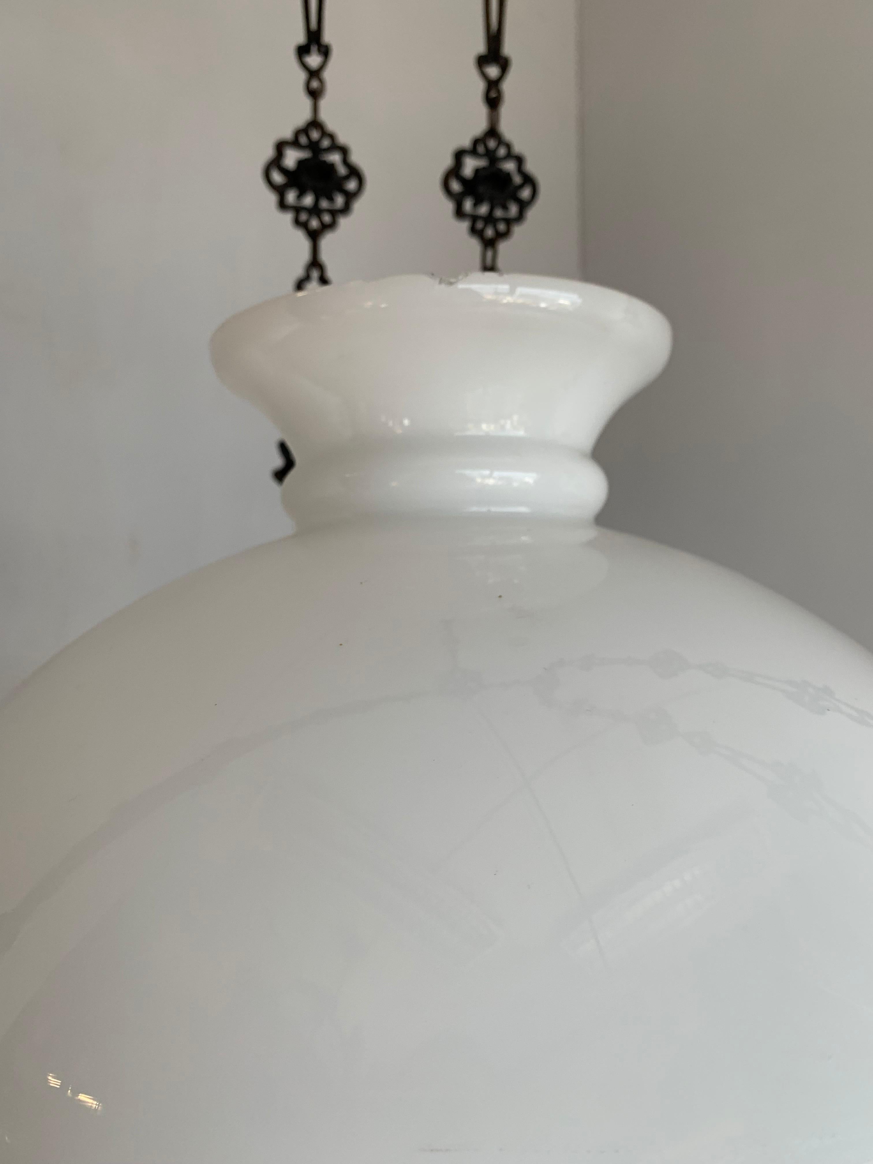 Art Nouveau, Brass Vessel and Opaline Shade Oil Lamp or Adjustable Chandelier 2