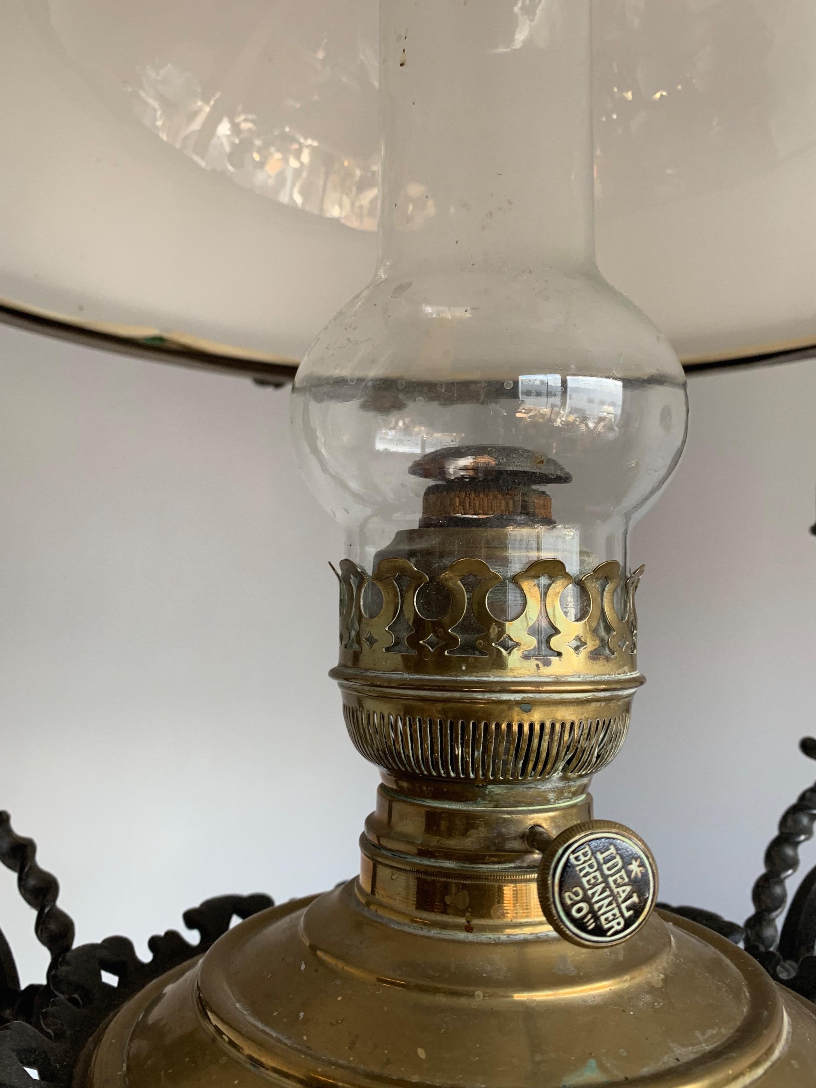 Art Nouveau, Brass Vessel and Opaline Shade Oil Lamp or Adjustable Chandelier 3