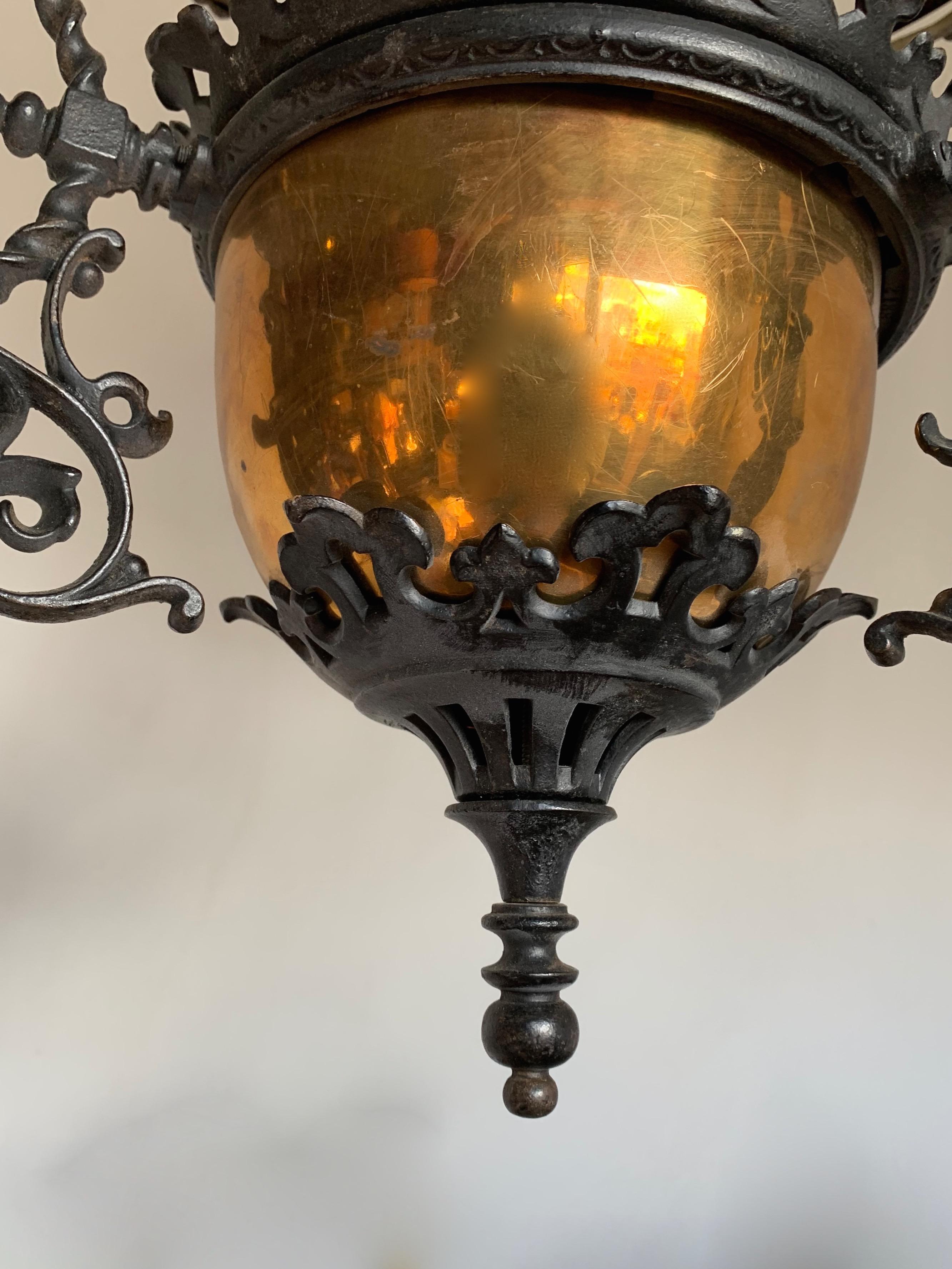 Art Nouveau, Brass Vessel and Opaline Shade Oil Lamp or Adjustable Chandelier 4