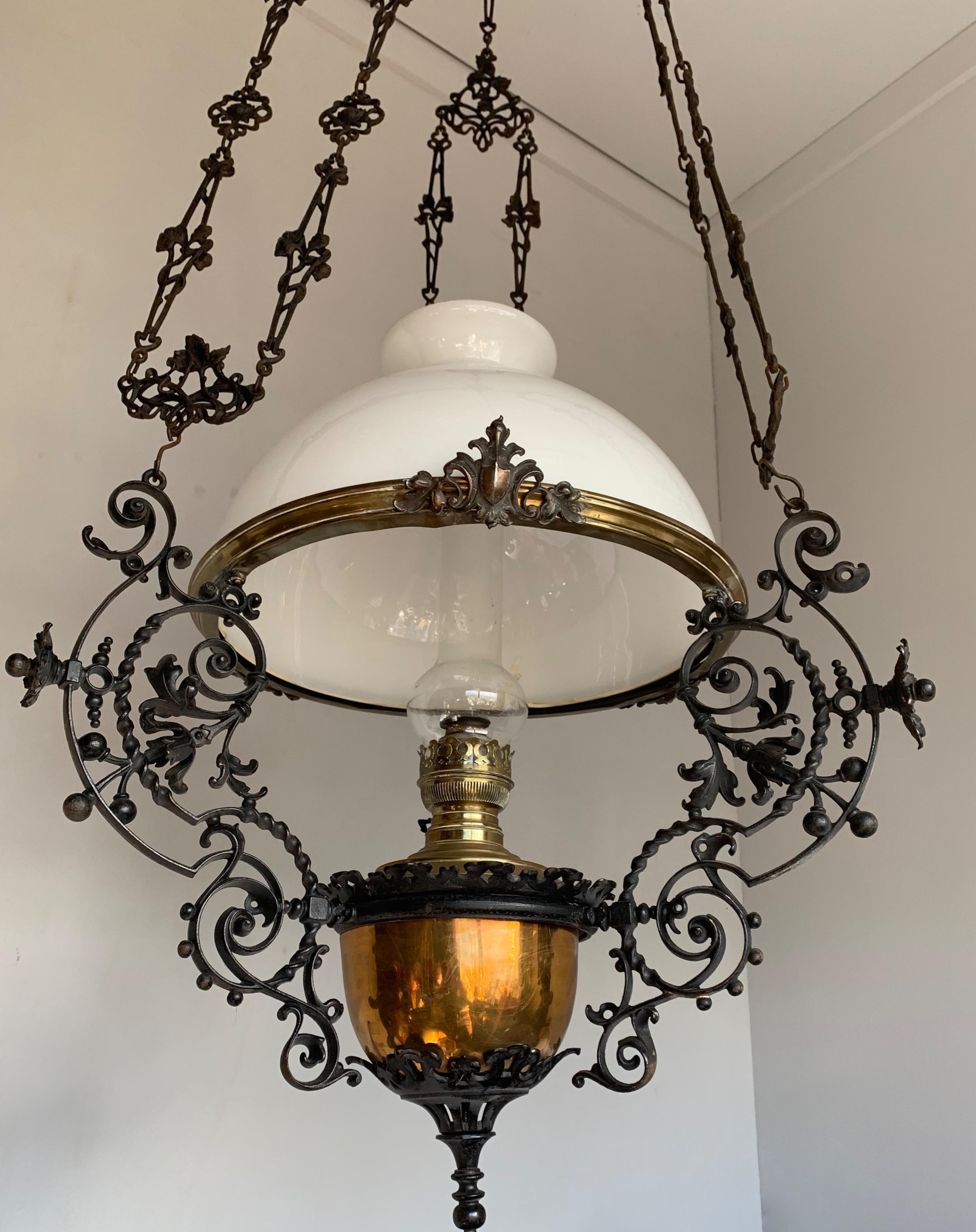 Art Nouveau, Brass Vessel and Opaline Shade Oil Lamp or Adjustable Chandelier 6