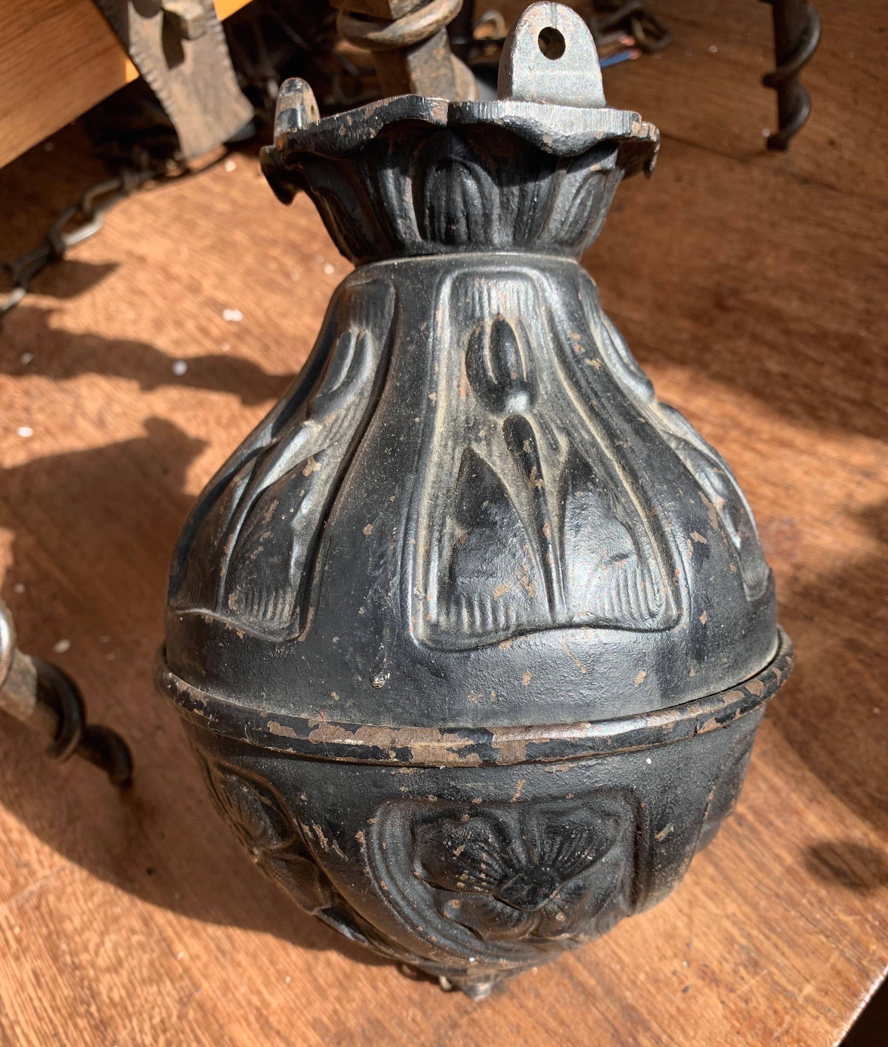 Art Nouveau, Brass Vessel and Opaline Shade Oil Lamp or Adjustable Chandelier 10