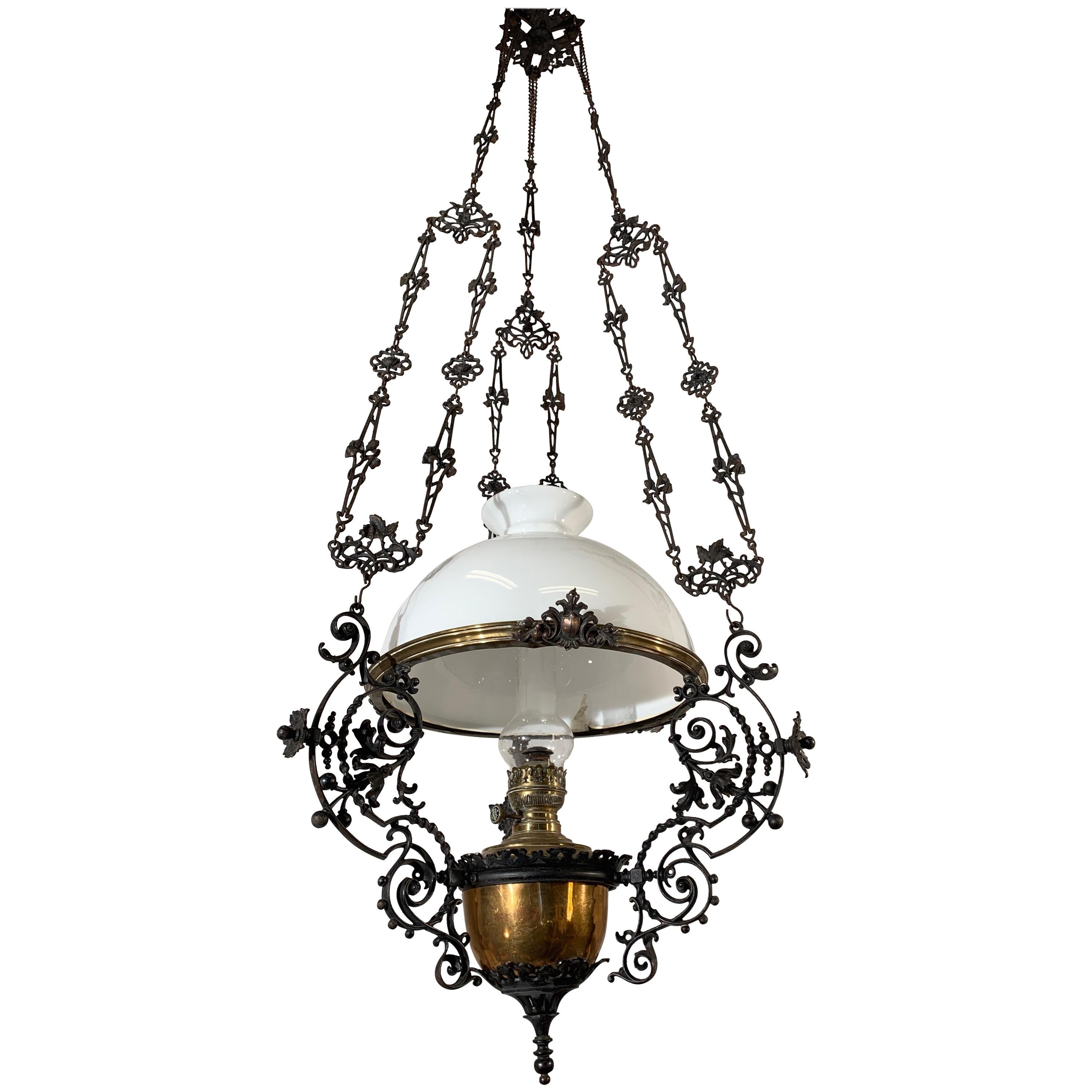 Art Nouveau, Brass Vessel and Opaline Shade Oil Lamp or Adjustable Chandelier