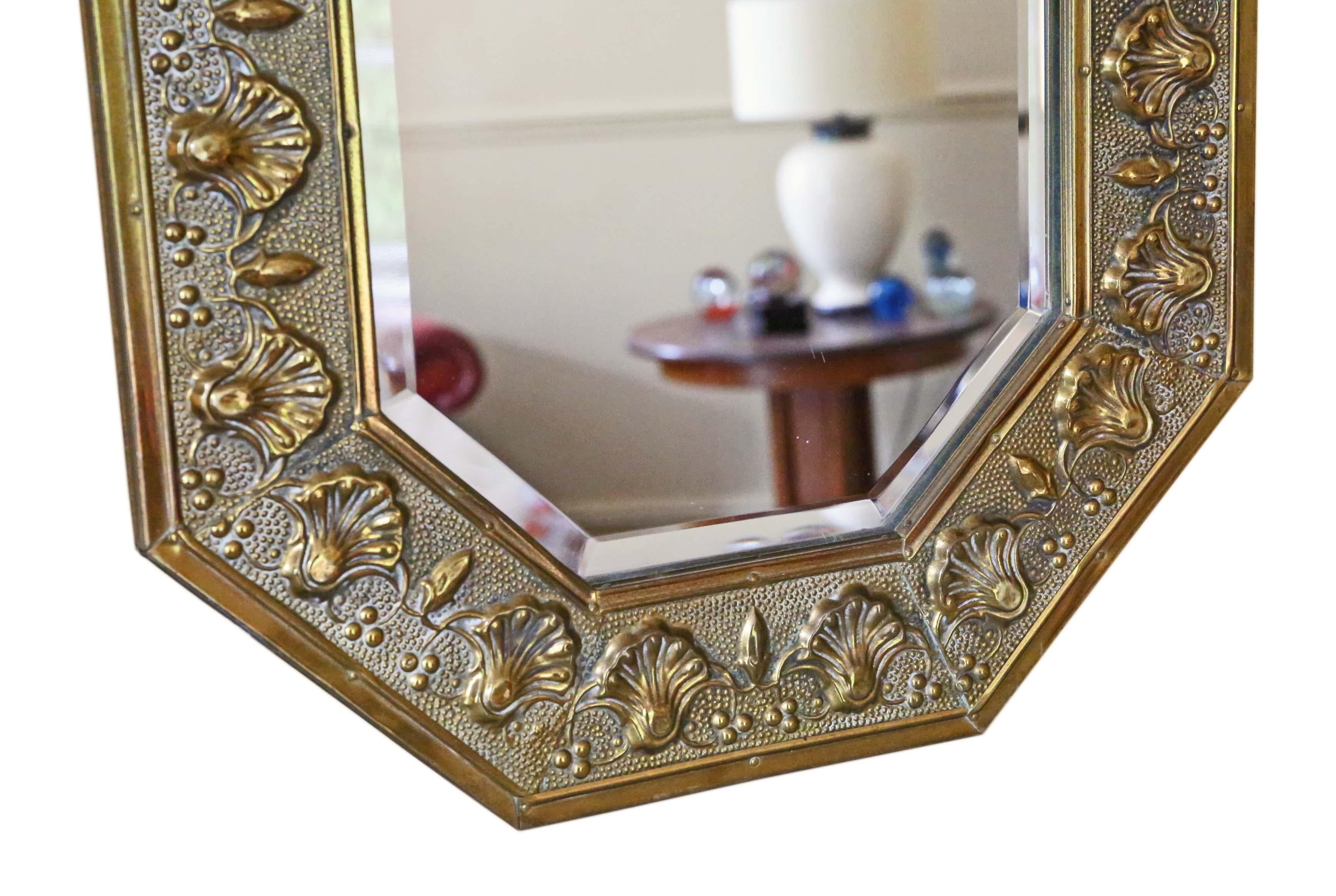Antique quality Art Nouveau brass overmantle or wall mirror, circa 1910.
This is a lovely mirror in a great frame in very good condition… looks great.
An impressive and rare find, that would look amazing in the right location.
The bevel edge