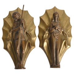 Art Nouveau Brass Wall Sculptures: Saint George, Princess & Dragon, Set of 2