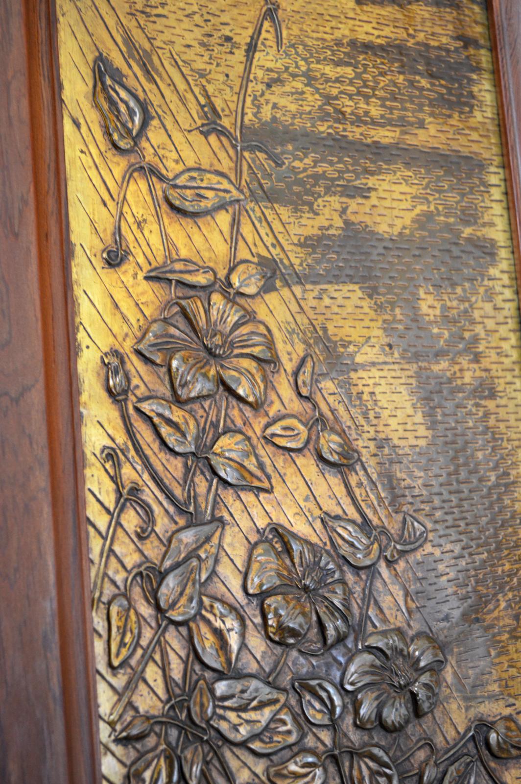 Metalwork Art Nouveau Brassware Panel, Flowers Under a Sunbeam, 1900s For Sale