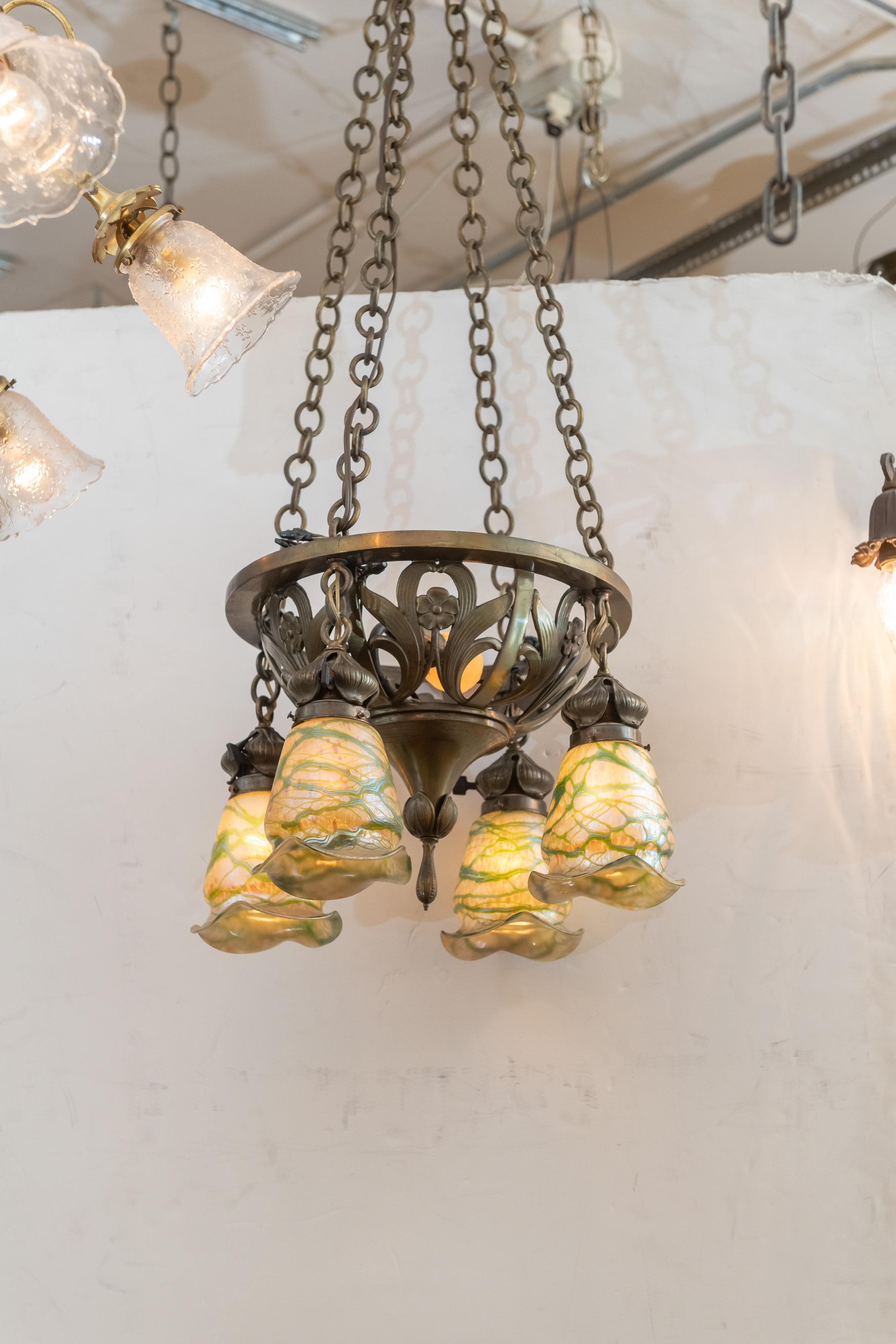 Art Nouveau Bronze 4-Arm Chandelier with 4 Hand Blown Glass Shades, circa 1900 (Art nouveau)