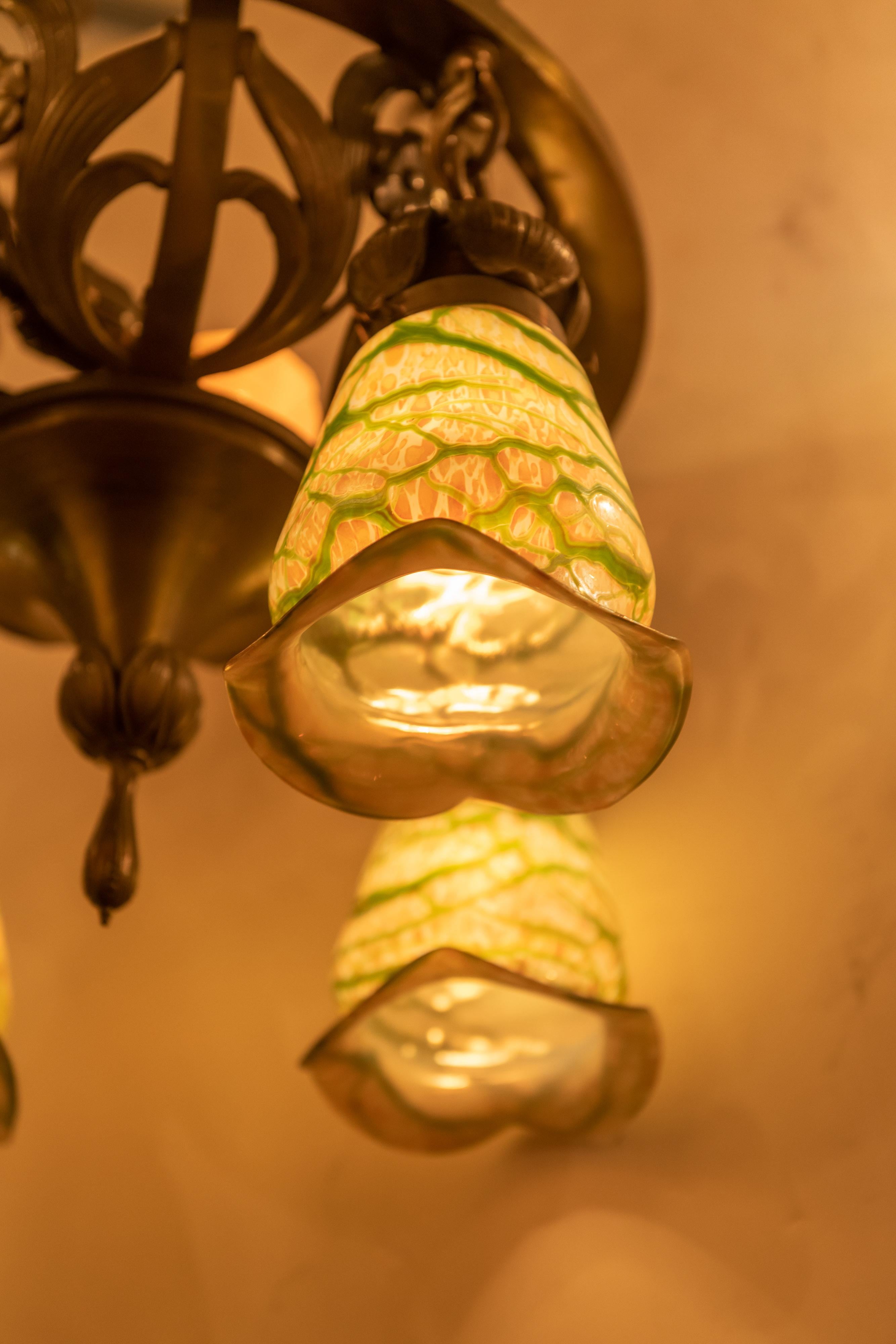 American Art Nouveau Bronze 4-Arm Chandelier with 4 Hand Blown Glass Shades, circa 1900