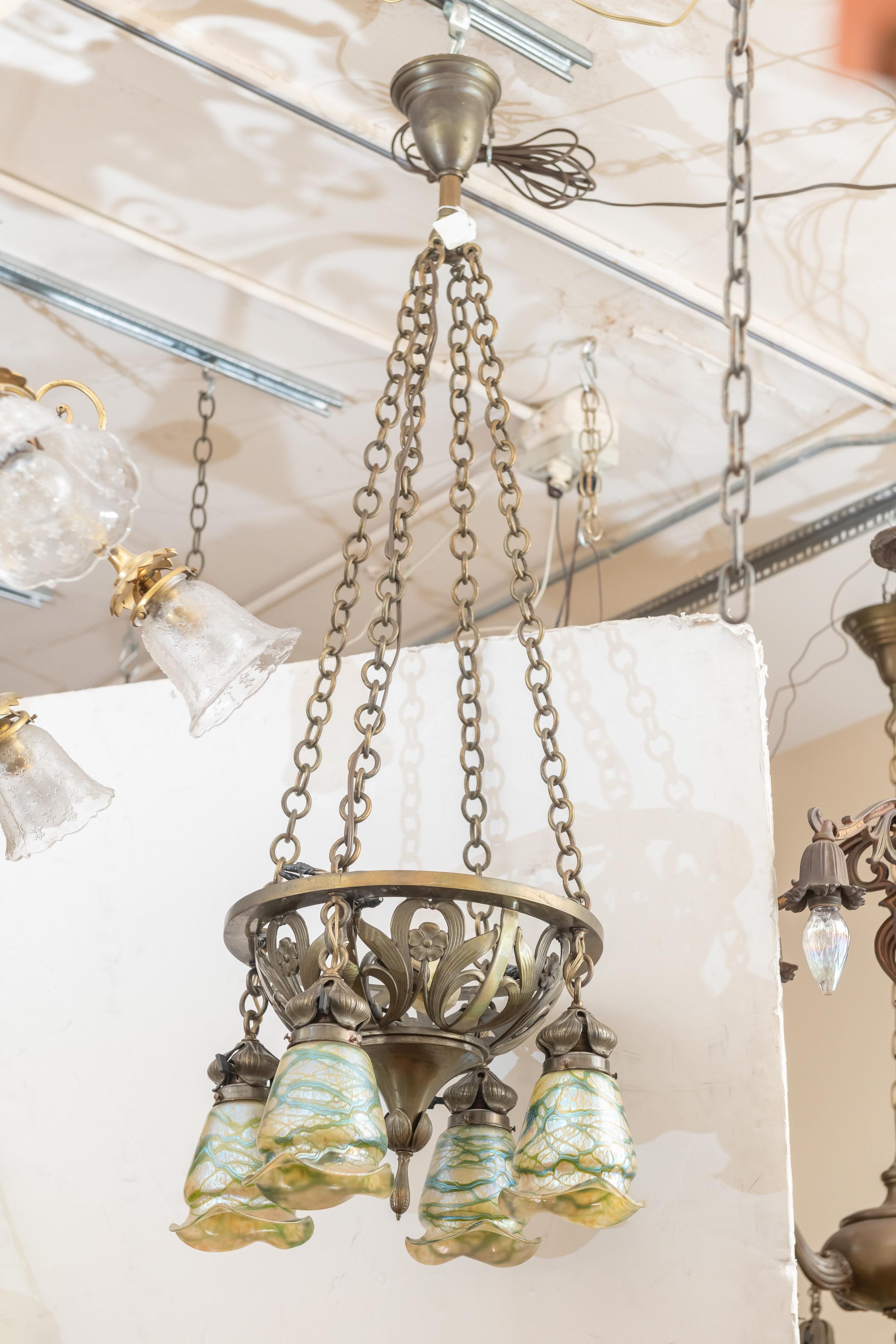 Art Nouveau Bronze 4-Arm Chandelier with 4 Hand Blown Glass Shades, circa 1900 In Excellent Condition In Petaluma, CA
