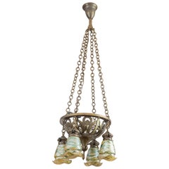 Art Nouveau Bronze 4-Arm Chandelier with 4 Hand Blown Glass Shades, circa 1900