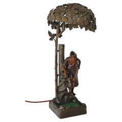 Art Nouveau Bronze and cast Metal Table Lamp Woman at the Forest Fountain