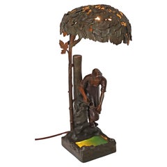 Jugendstil-Tischlampe aus Bronze und gegossenem Metall, Frau am Waldbrunnen