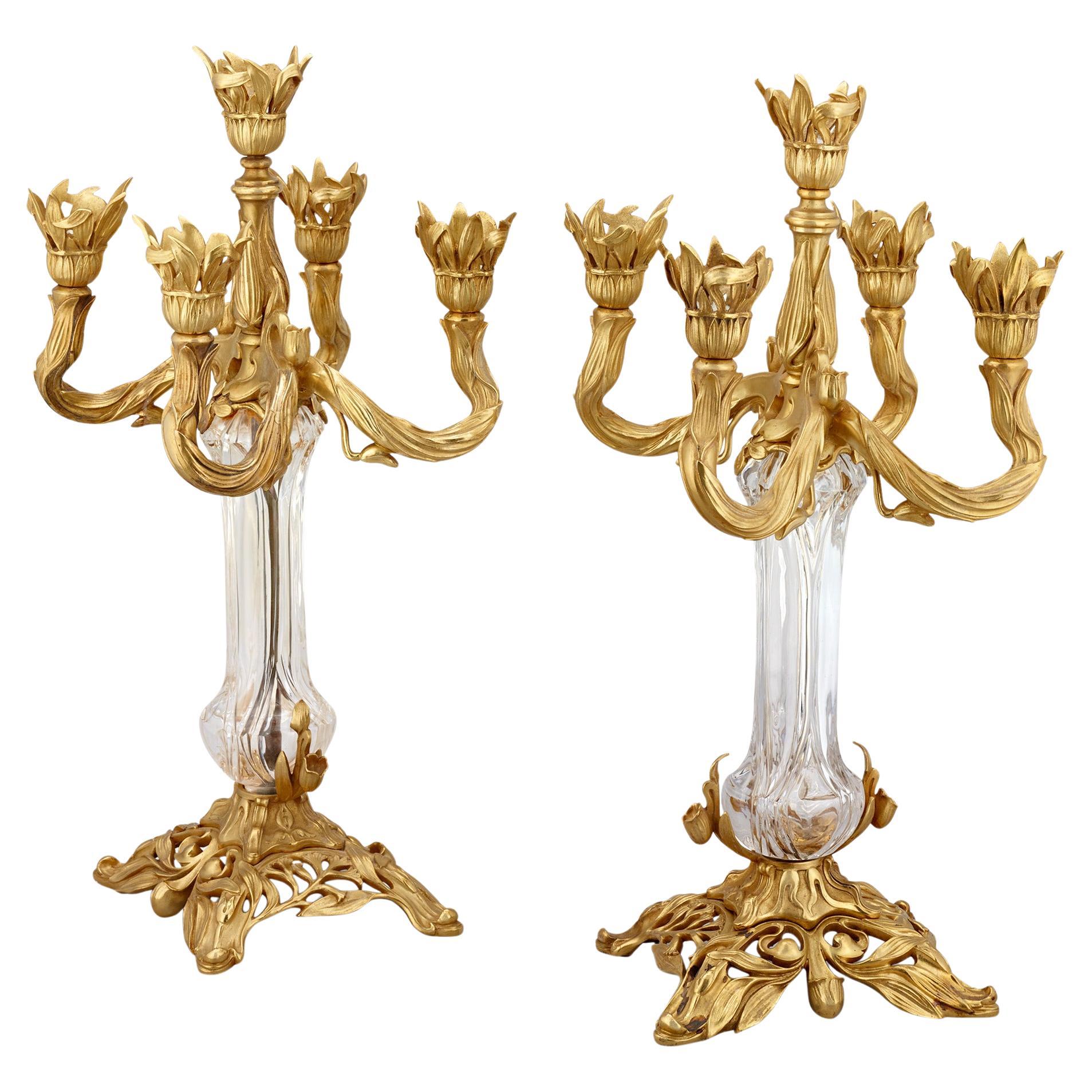 Candelabro Art Nouveau de bronce y cristal de Baccarat