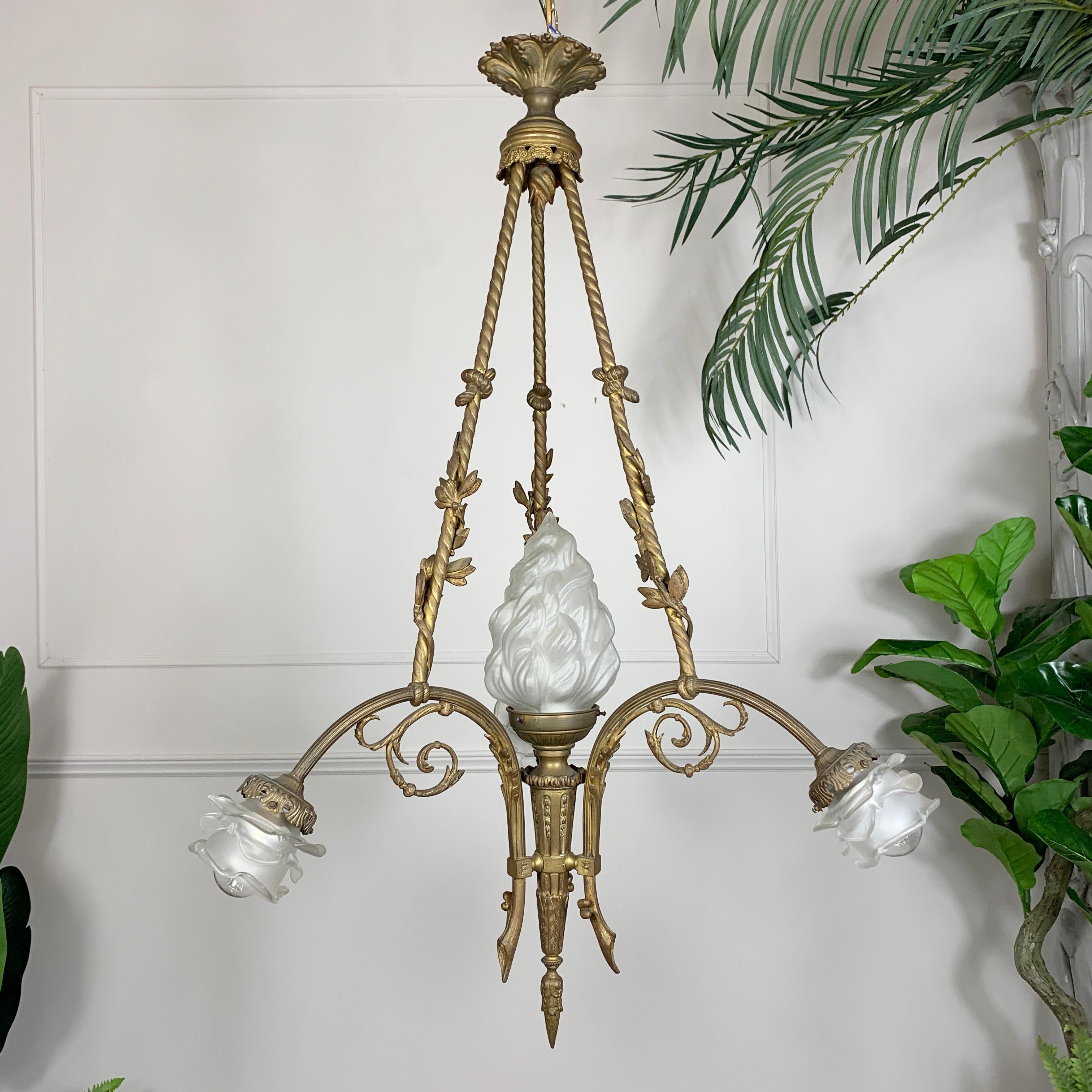 20th Century Art Nouveau Bronze and Crystal Torchiere & Flower Chandelier For Sale