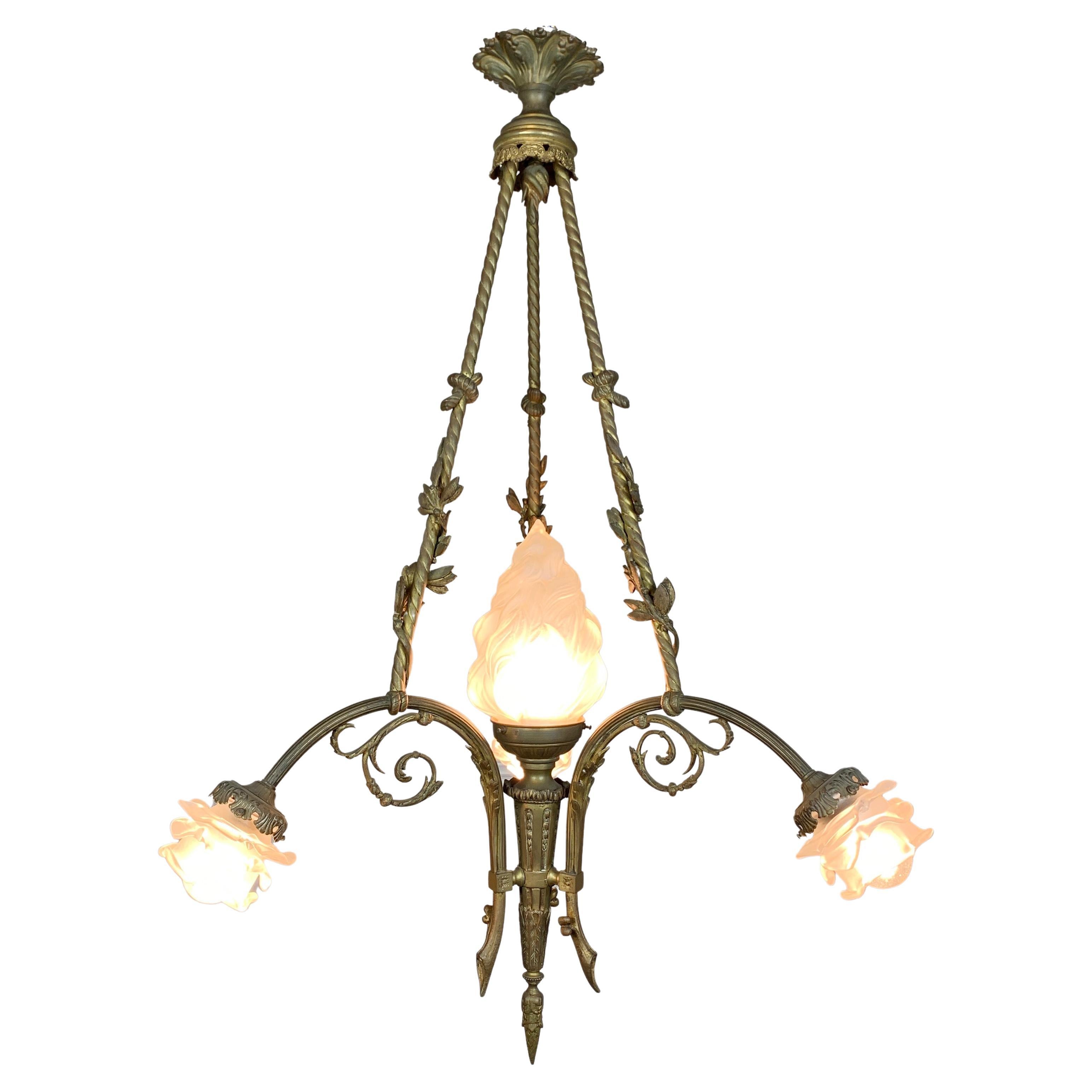 Art Nouveau Bronze and Crystal Torchiere & Flower Chandelier For Sale