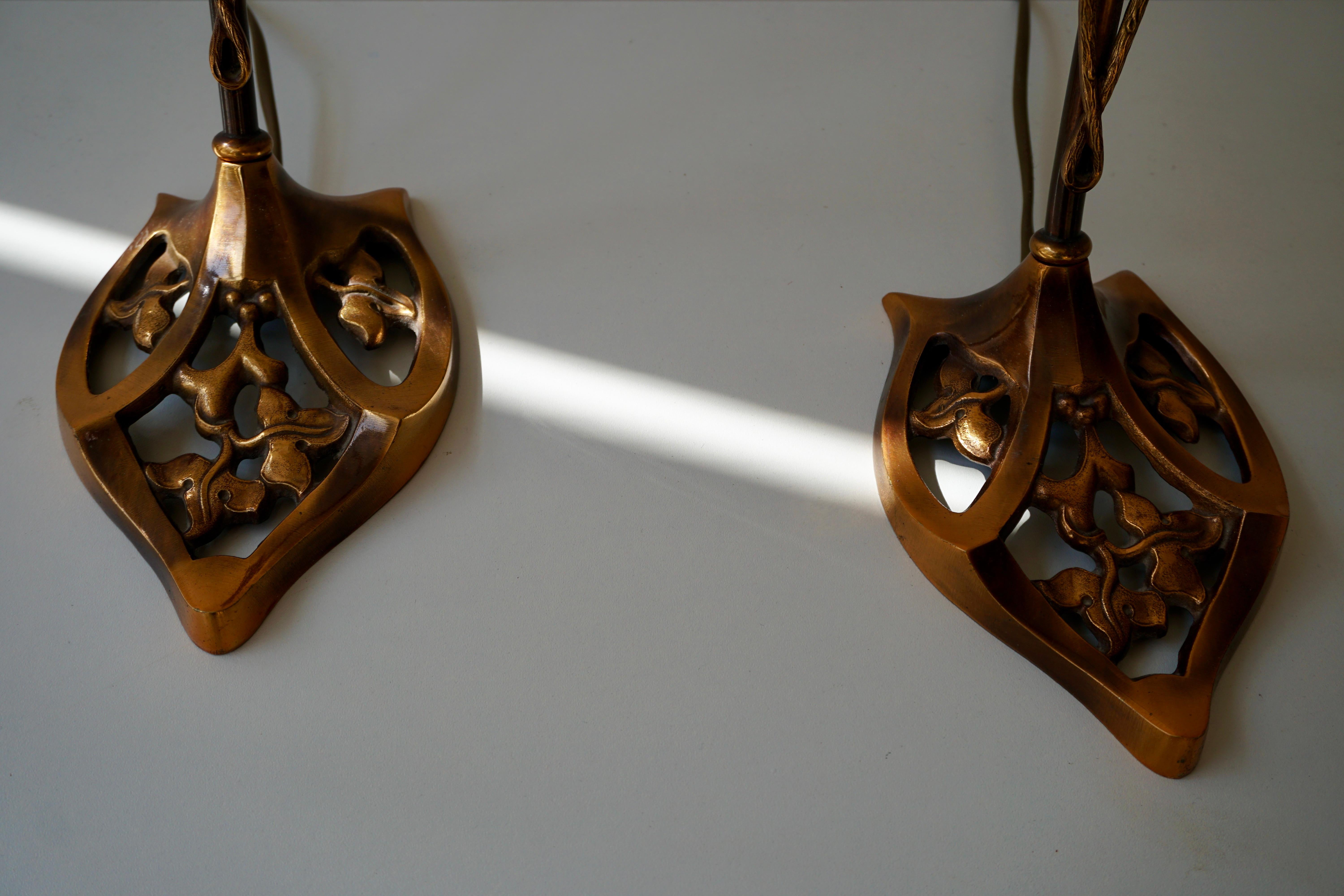 Art Nouveau Bronze and Glass Lamps, Pair 5
