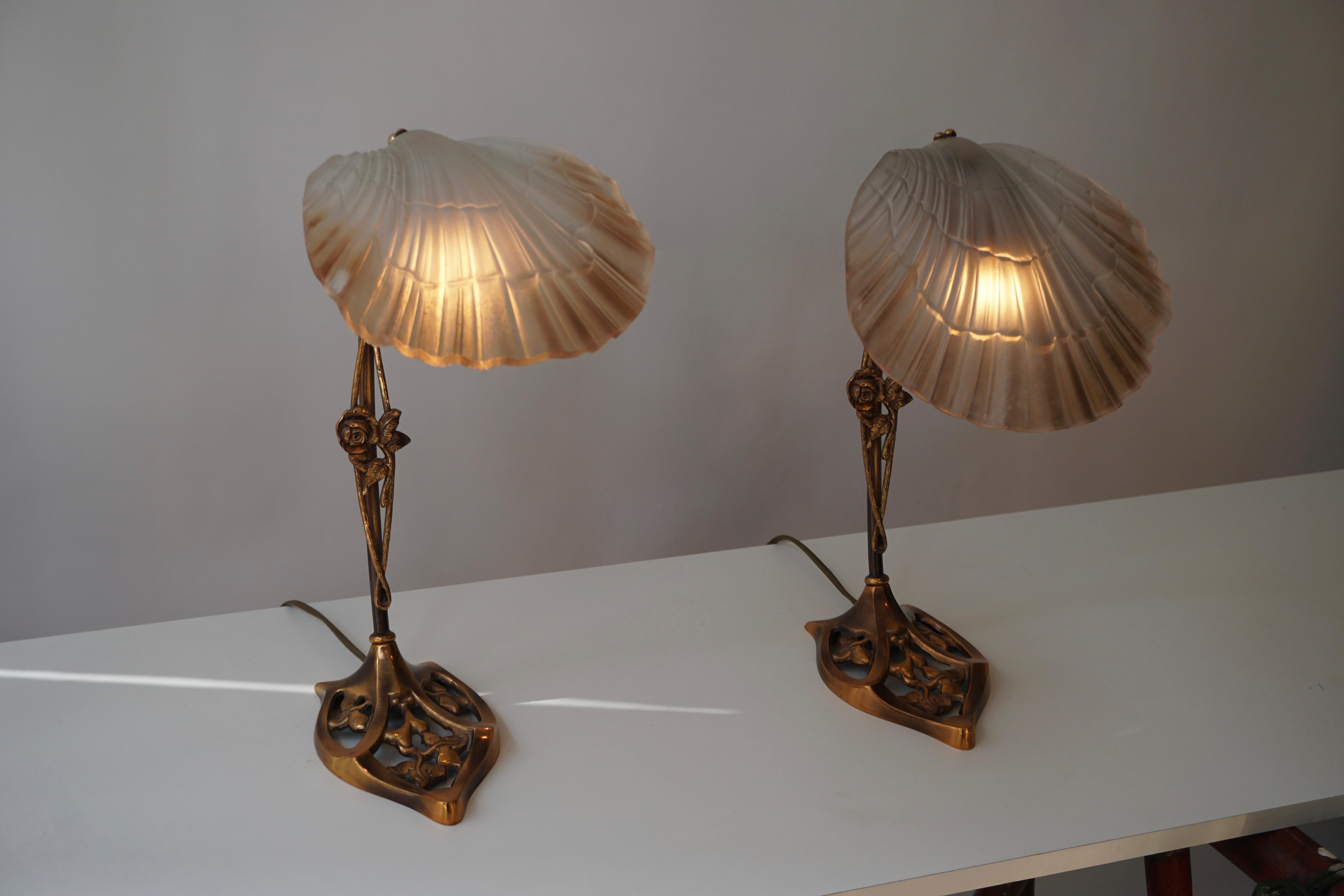 French Art Nouveau Bronze and Glass Lamps, Pair