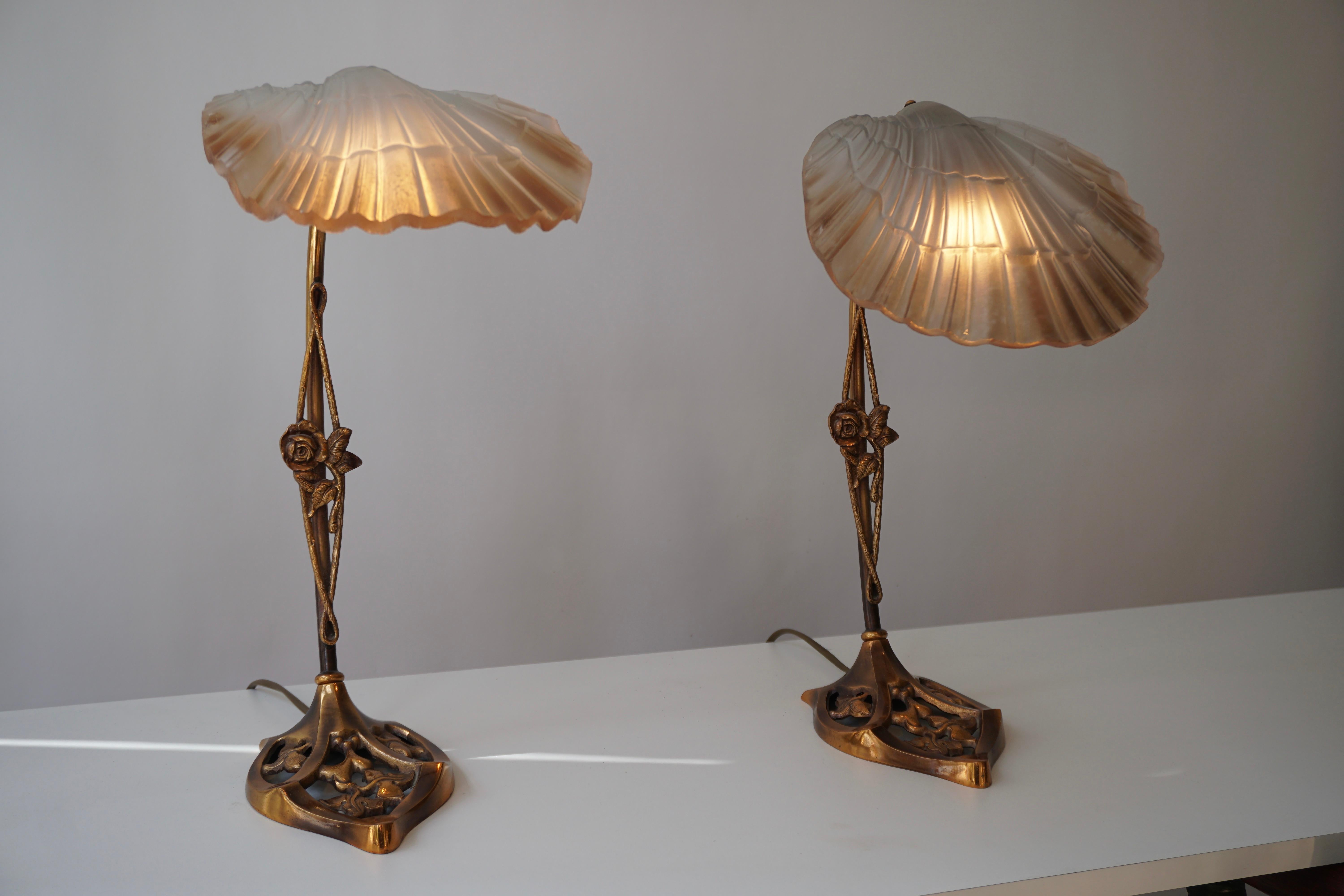 Art Nouveau Bronze and Glass Lamps, Pair In Good Condition In Antwerp, BE