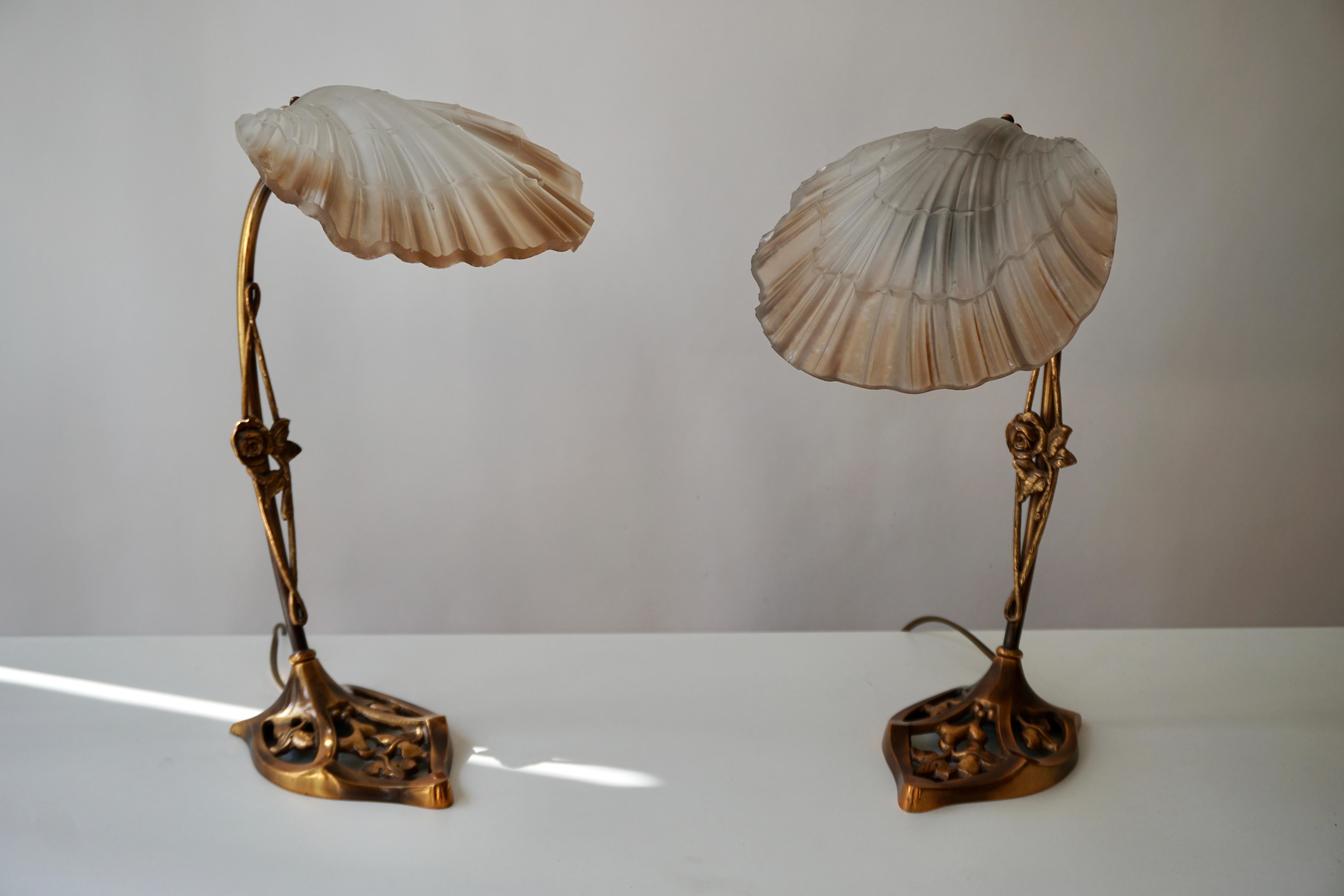 20th Century Art Nouveau Bronze and Glass Lamps, Pair