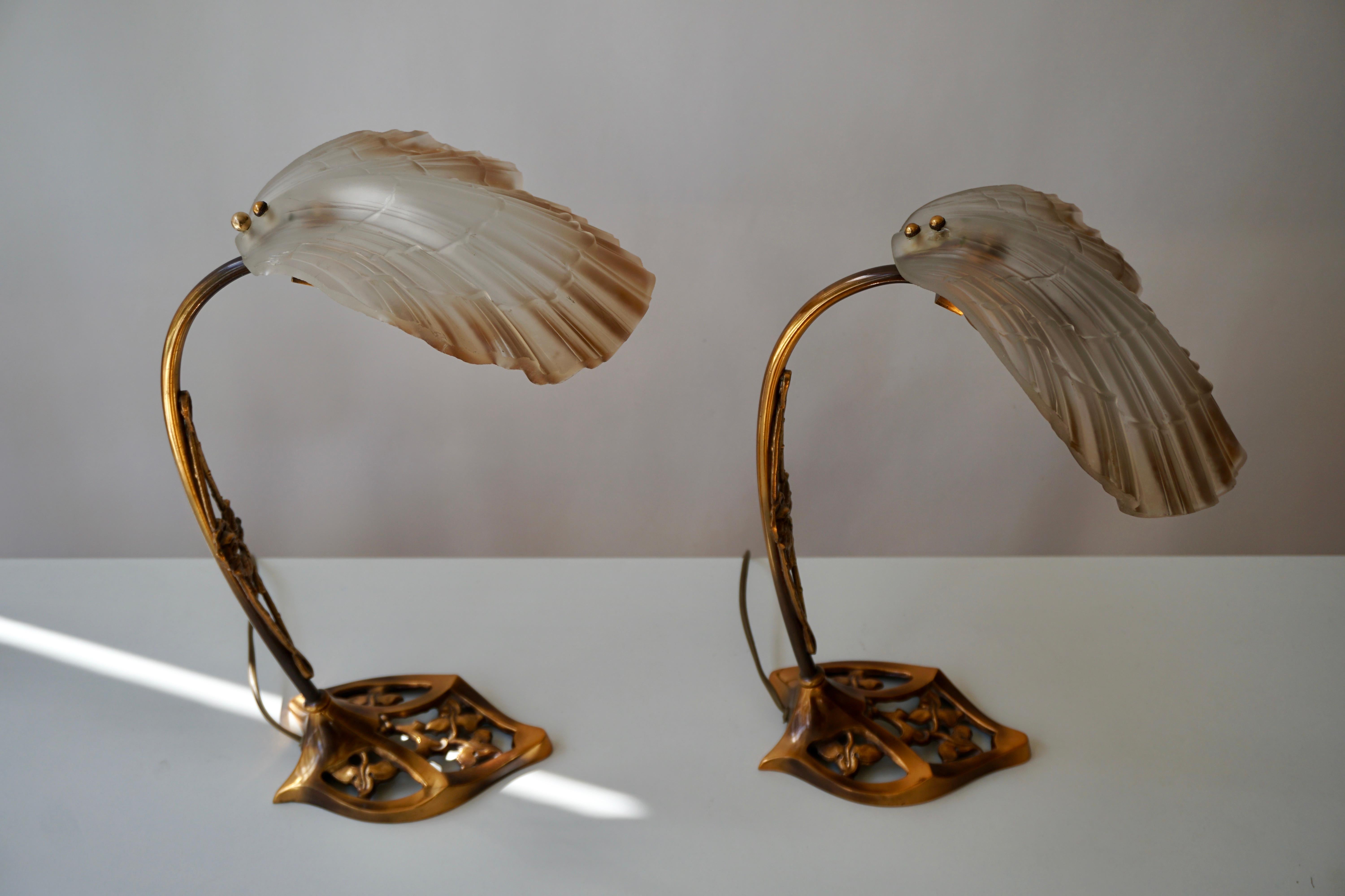 Art Nouveau Bronze and Glass Lamps, Pair 1