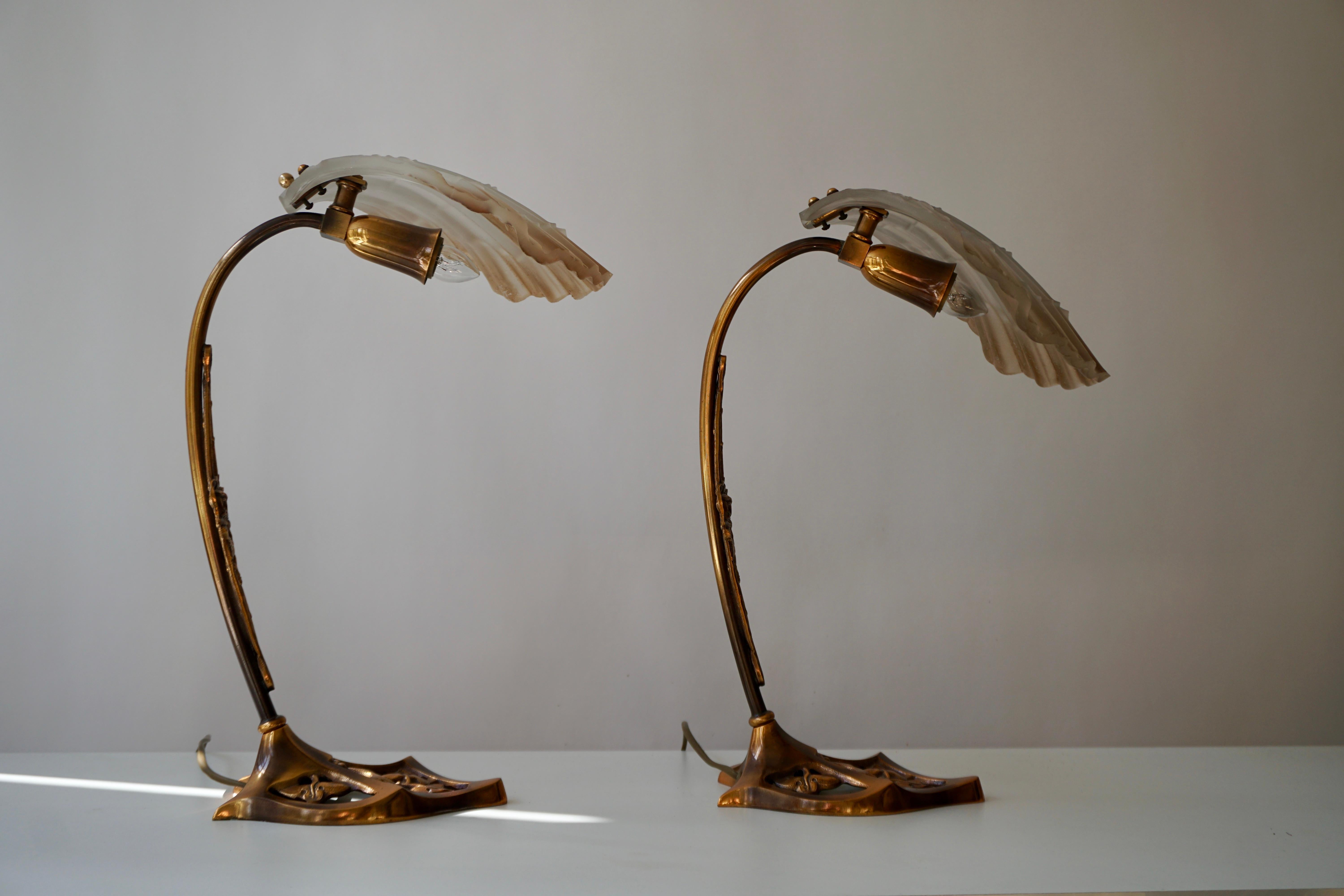 Art Nouveau Bronze and Glass Lamps, Pair 2