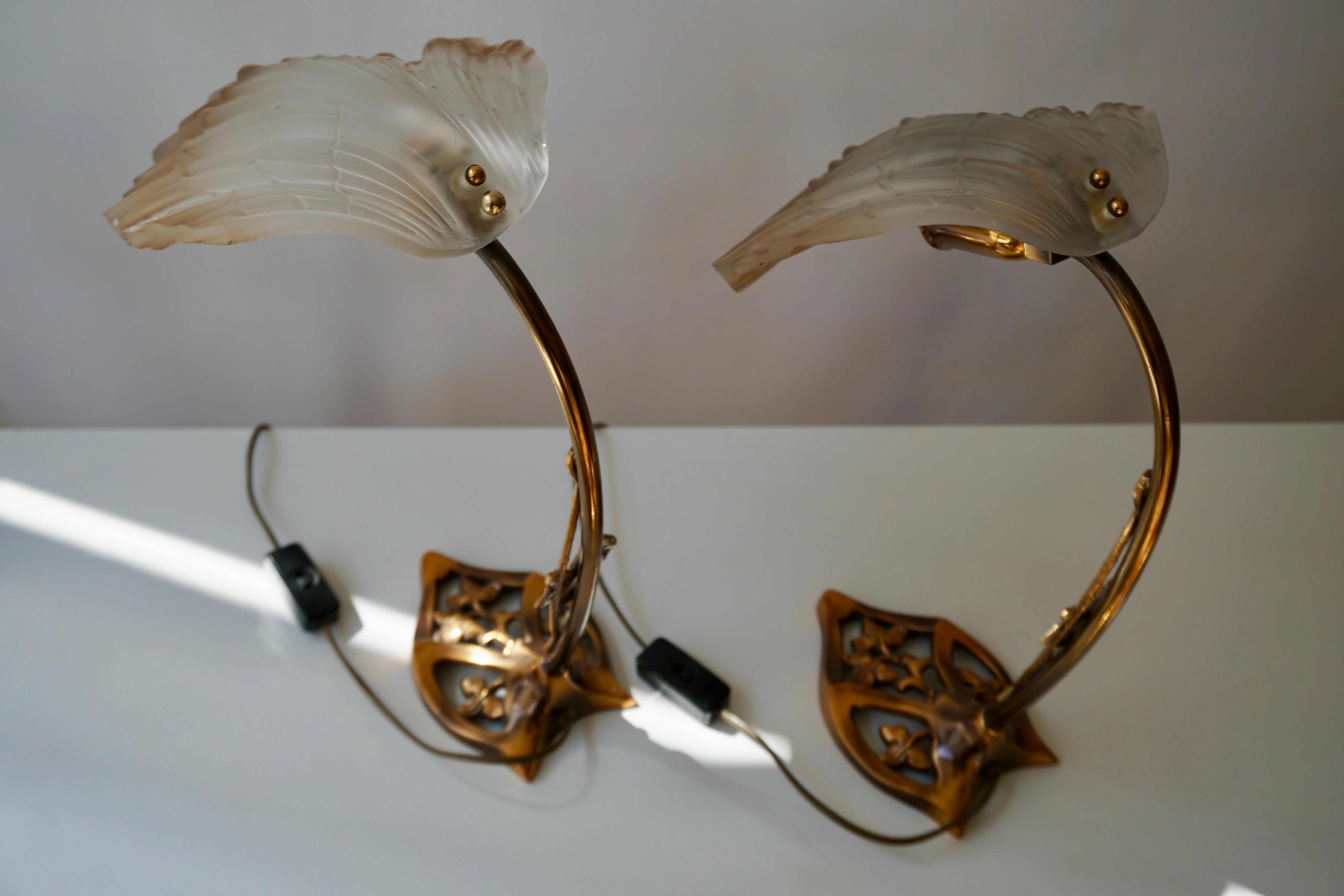 Art Nouveau Bronze and Glass Lamps, Pair 3