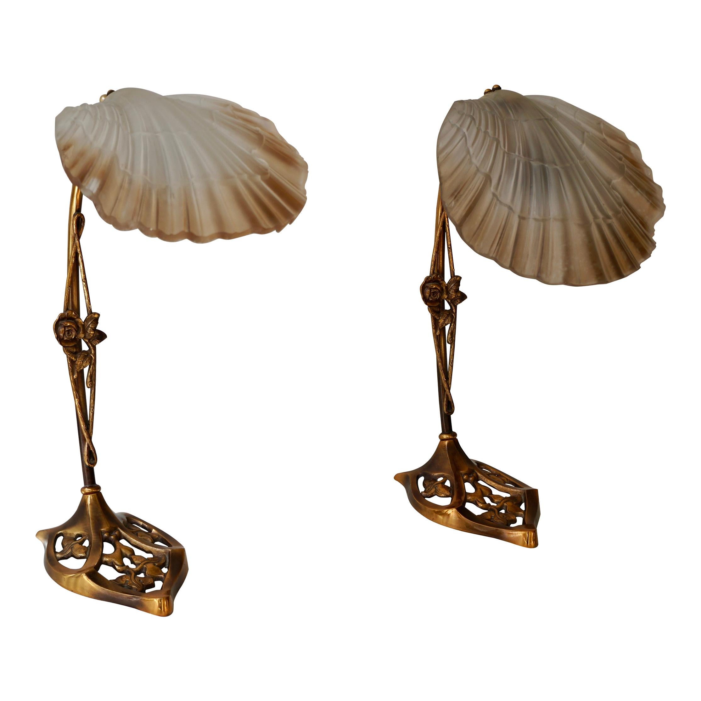 Art Nouveau Bronze and Glass Lamps, Pair