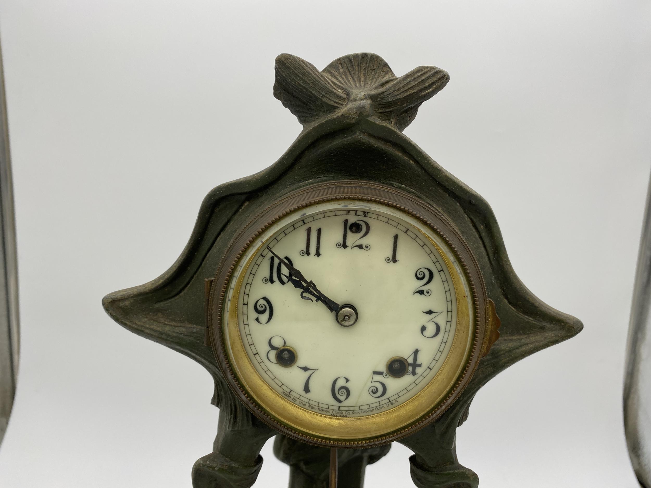 American Art Nouveau Bronze and Iron Mantle Clock New Haven Clock Company
