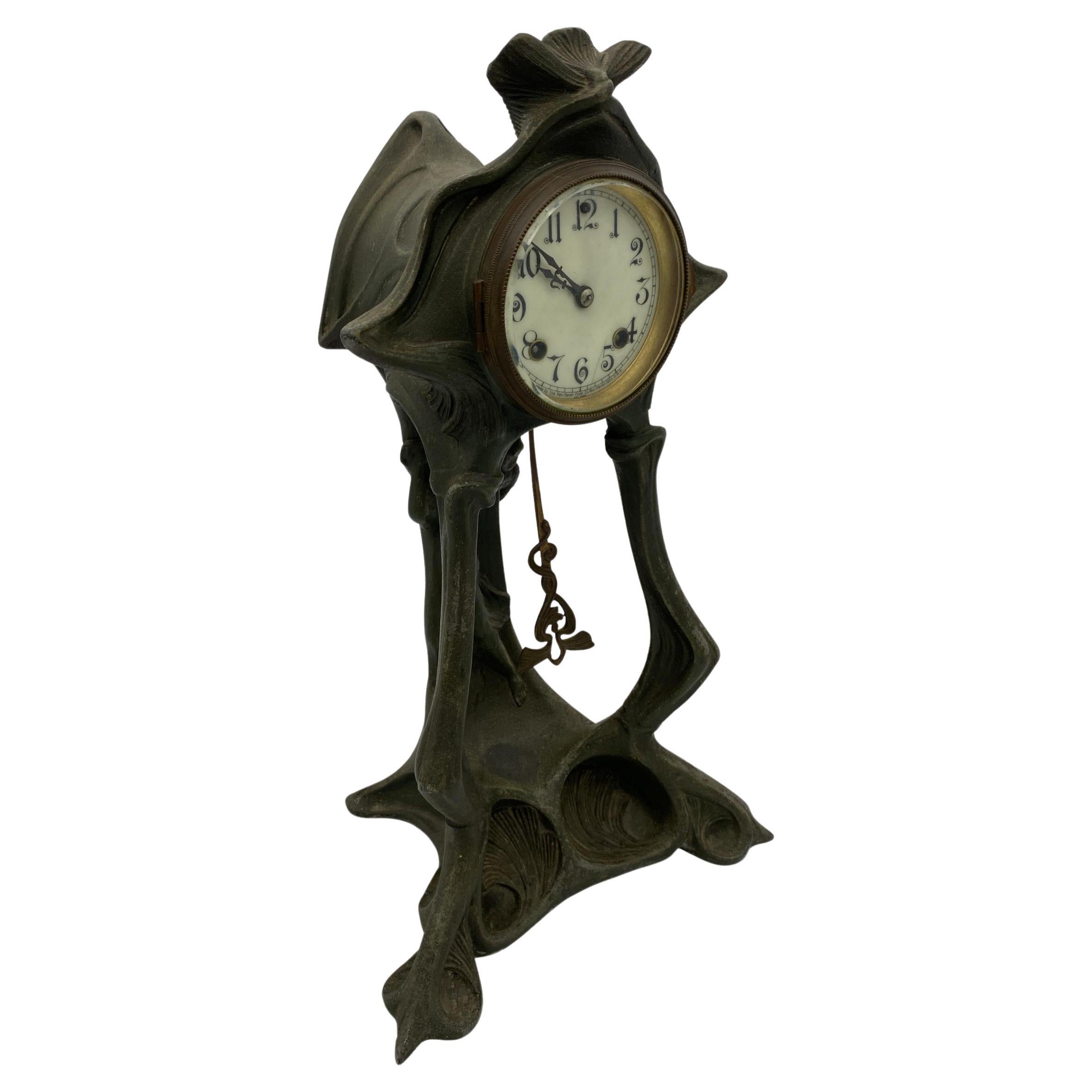 Art Nouveau Bronze and Iron Mantle Clock New Haven Clock Company