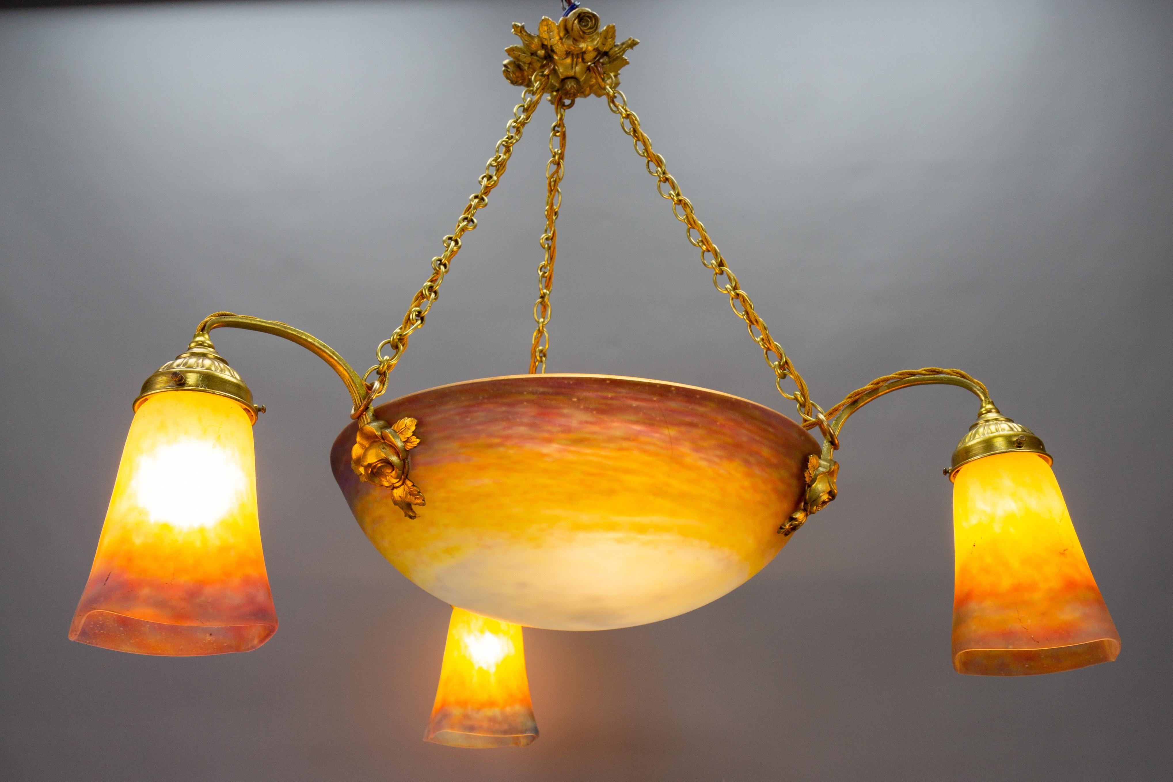 French Art Nouveau Bronze and Muller Frères Lunéville Polychrome Glass Chandelier  For Sale