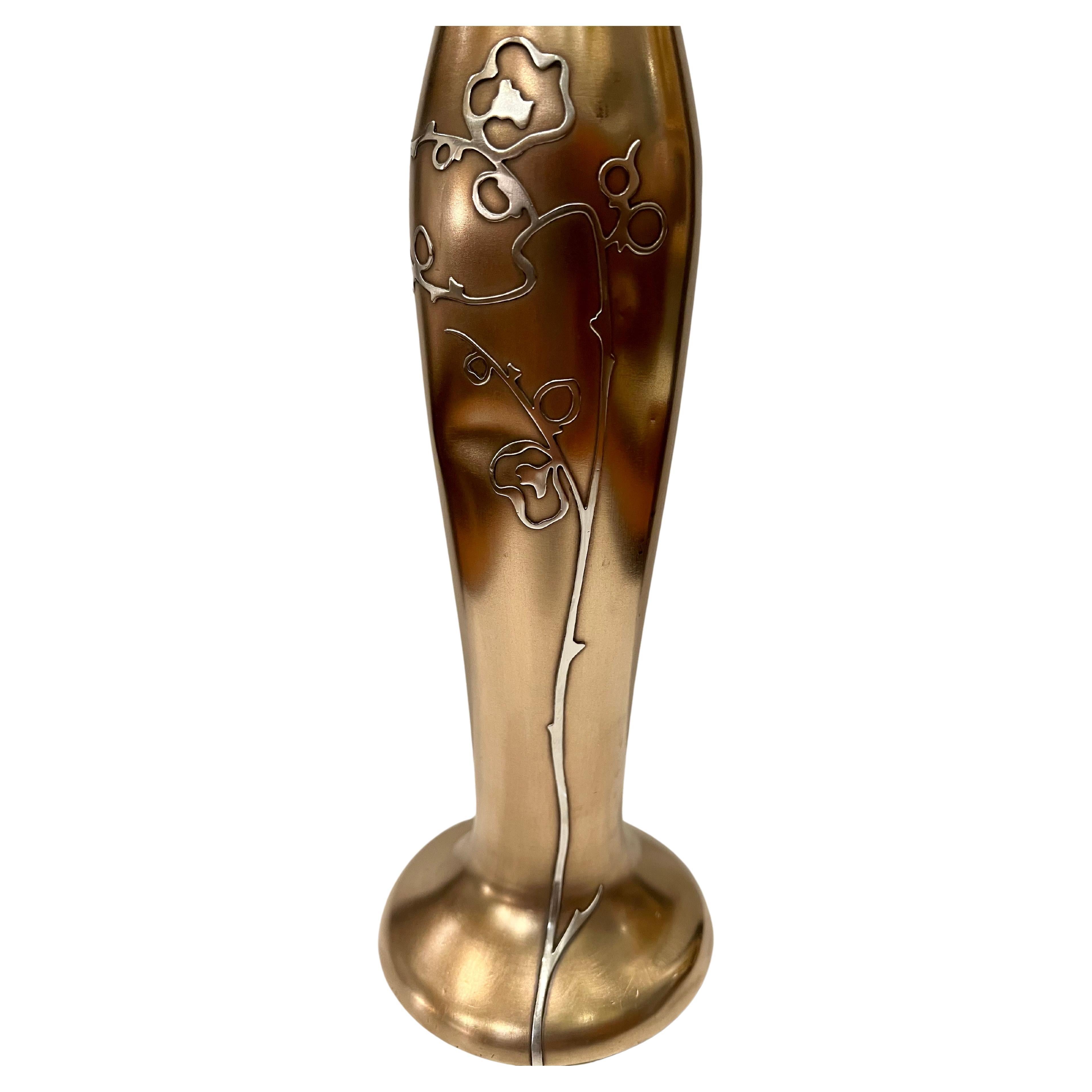 American Art Nouveau Bronze and Sterling Silver Overlay Rare Vase by Otto Heintz For Sale