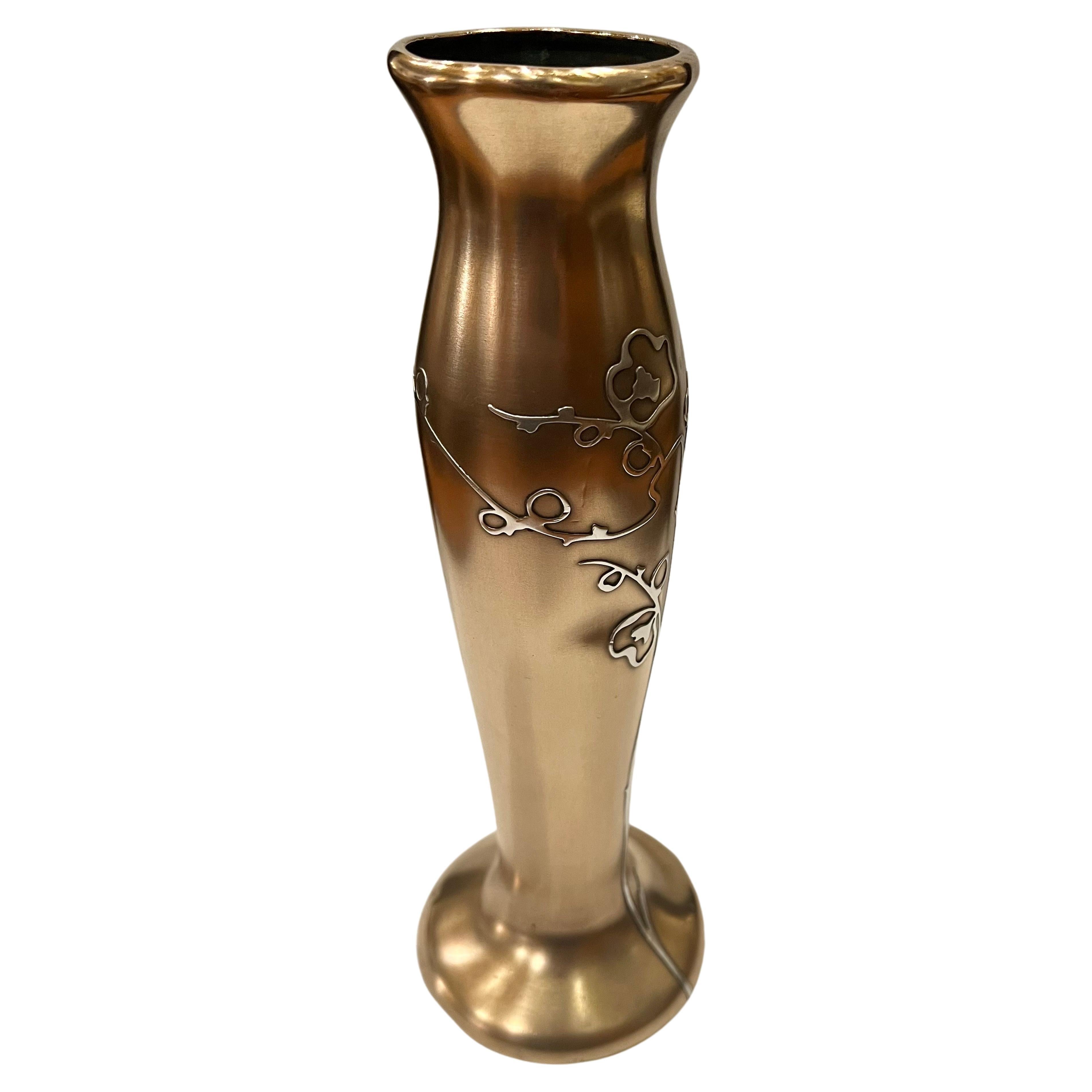 Art Nouveau Bronze and Sterling Silver Overlay Rare Vase by Otto Heintz In Fair Condition For Sale In San Diego, CA