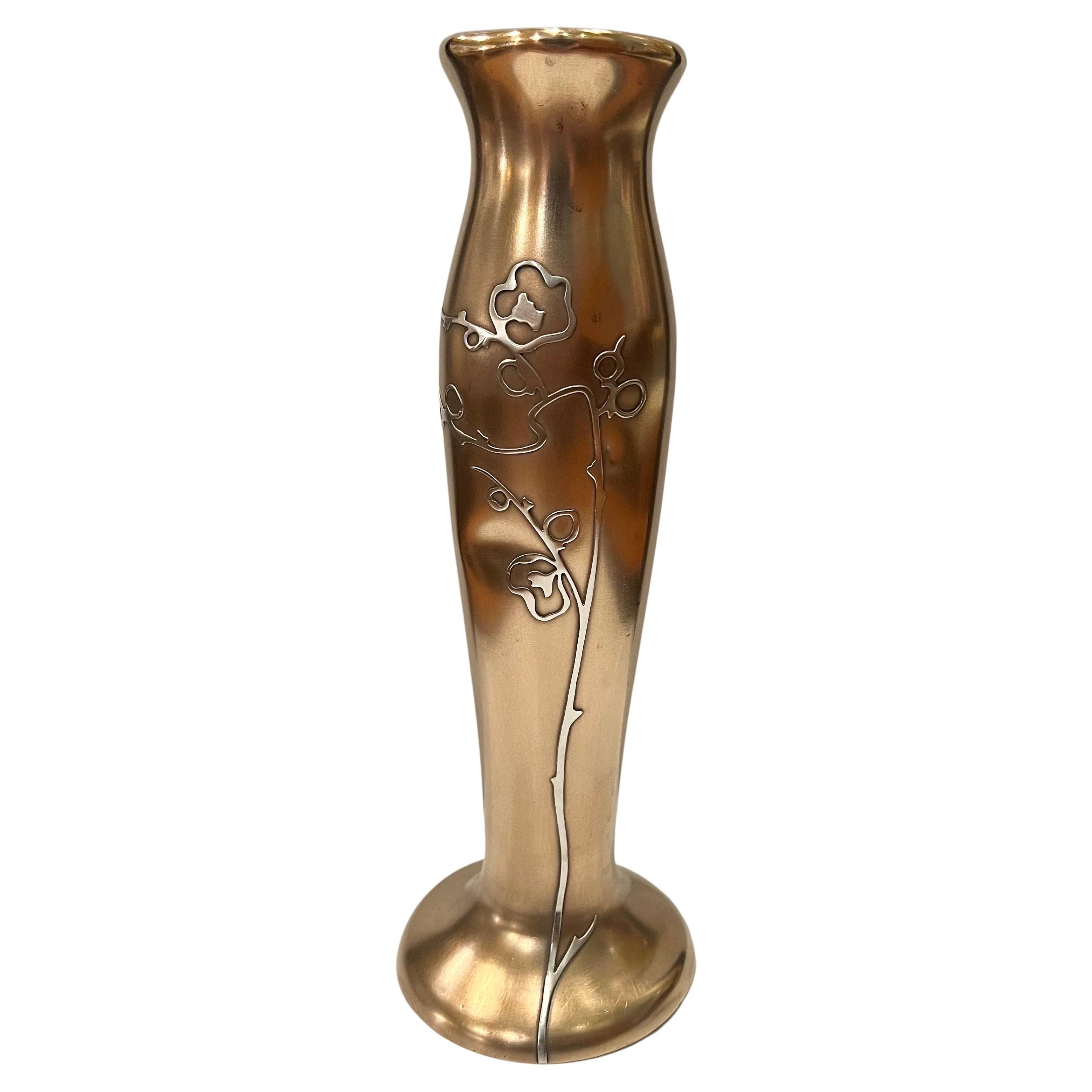 Art Nouveau Bronze and Sterling Silver Overlay Rare Vase by Otto Heintz For Sale