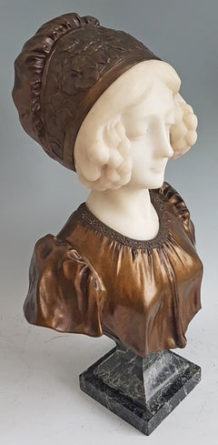Art Nouveau Bronze and White Marble Bust of a Girl, Signed Affortunato Gory