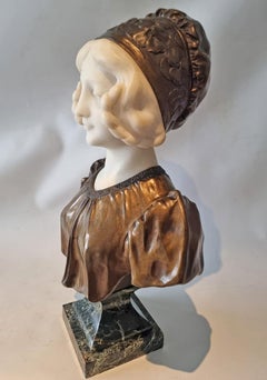 Art Nouveau Bronze and White Marble Bust of a girl, signed Affortunato Gory