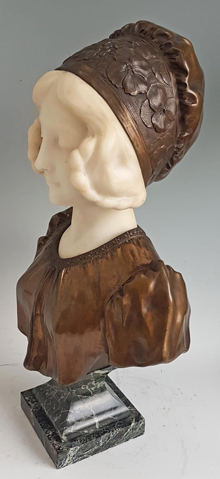 French Art Nouveau Bronze and White Marble Bust of a Girl, Signed Affortunato Gory
