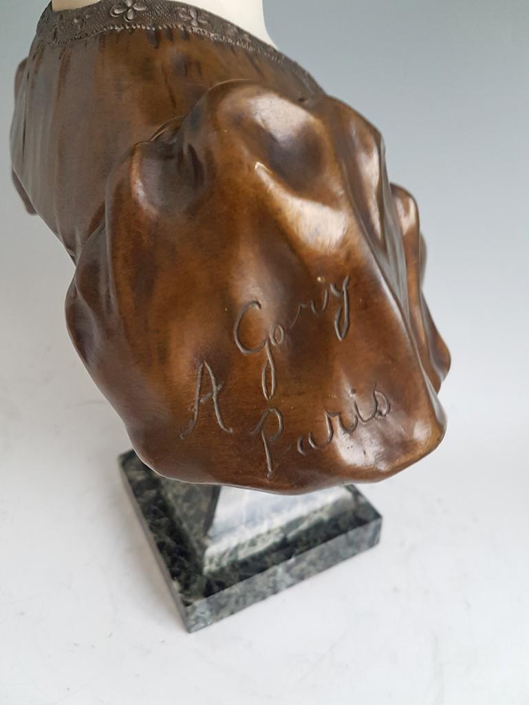 Patinated Art Nouveau Bronze and White Marble Bust of a Girl, Signed Affortunato Gory