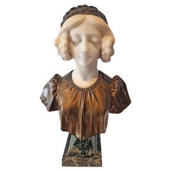Art Nouveau Bronze and White Marble Bust of a girl, signed Affortunato Gory