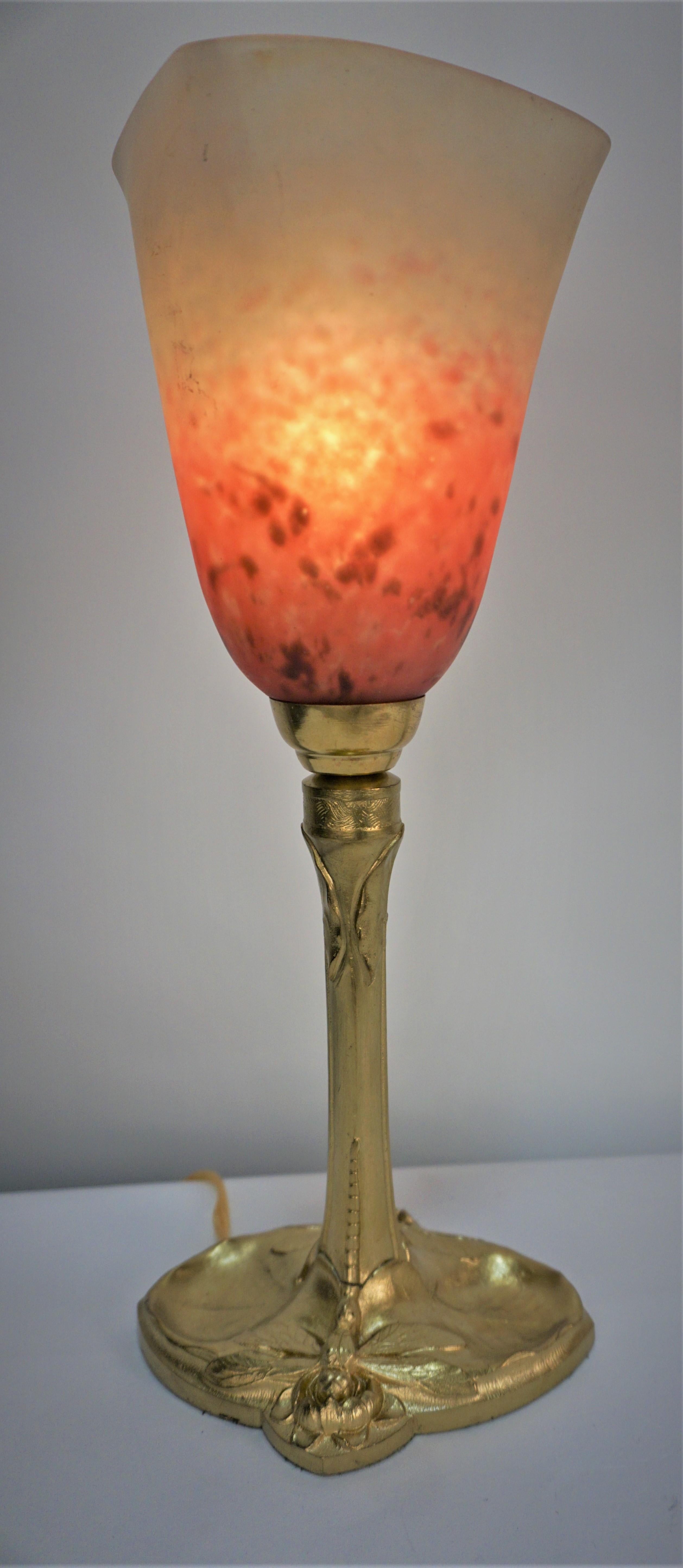 French Art Nouveau Bronze & Art Glass Sade Table Lamp For Sale