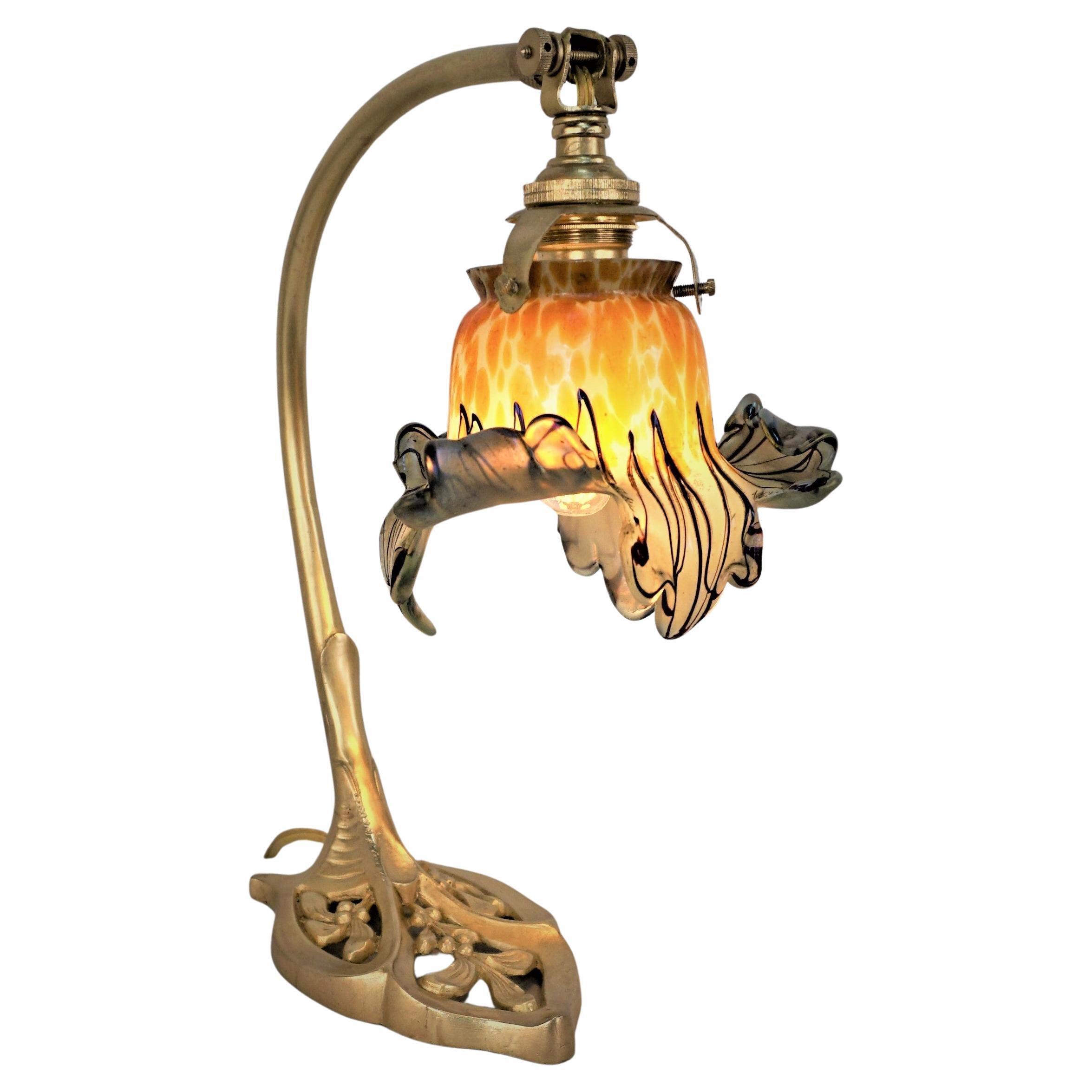 Art Nouveau Bronze Art Glass Shade Table Lamp For Sale