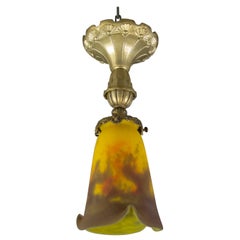 Art Nouveau Bronze, Brass and Glass Ceiling Lamp by Muller Frères Luneville