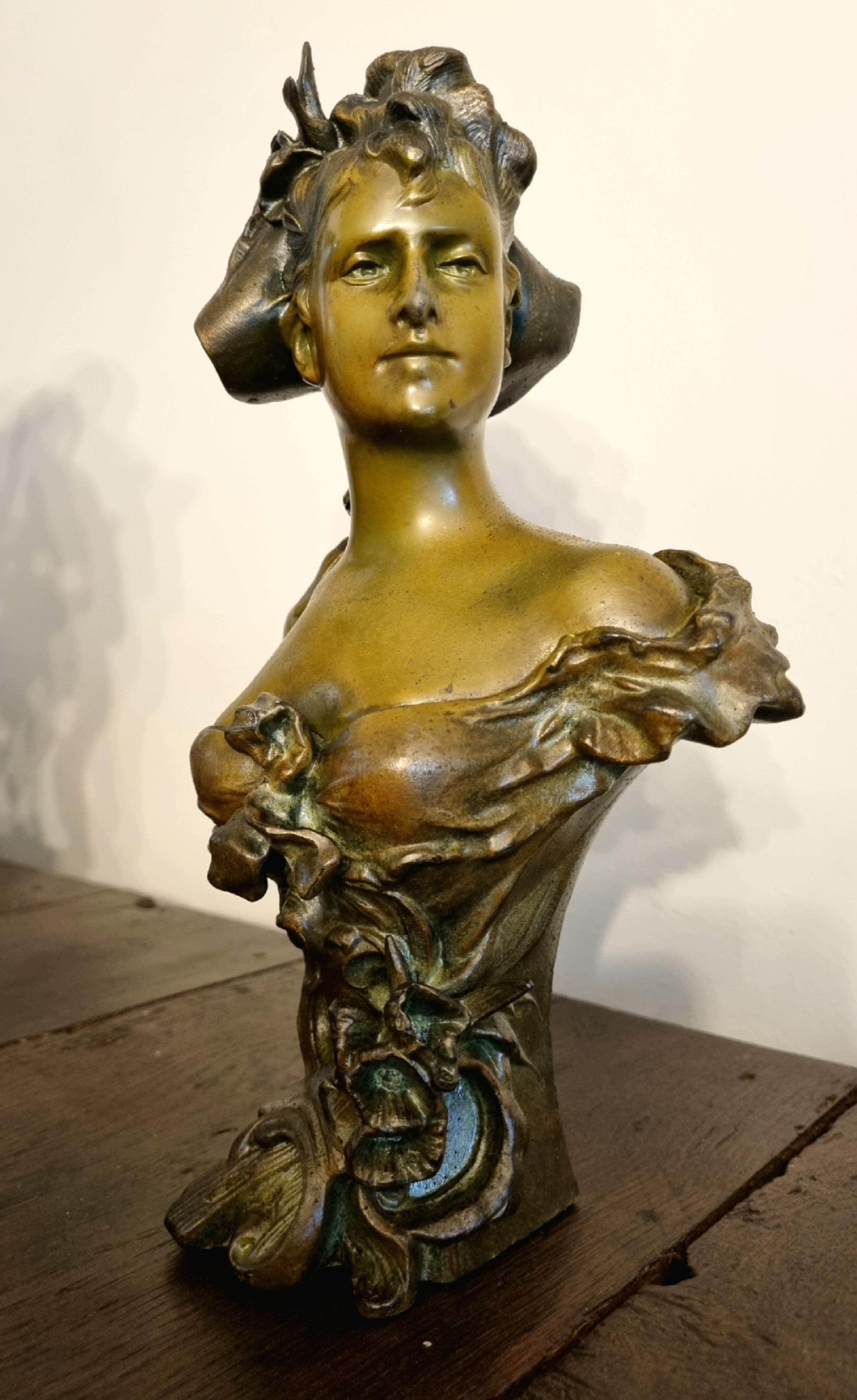 Cast Art Nouveau Bronze Bust by Alfred Jean Foretay Circa 1900 For Sale