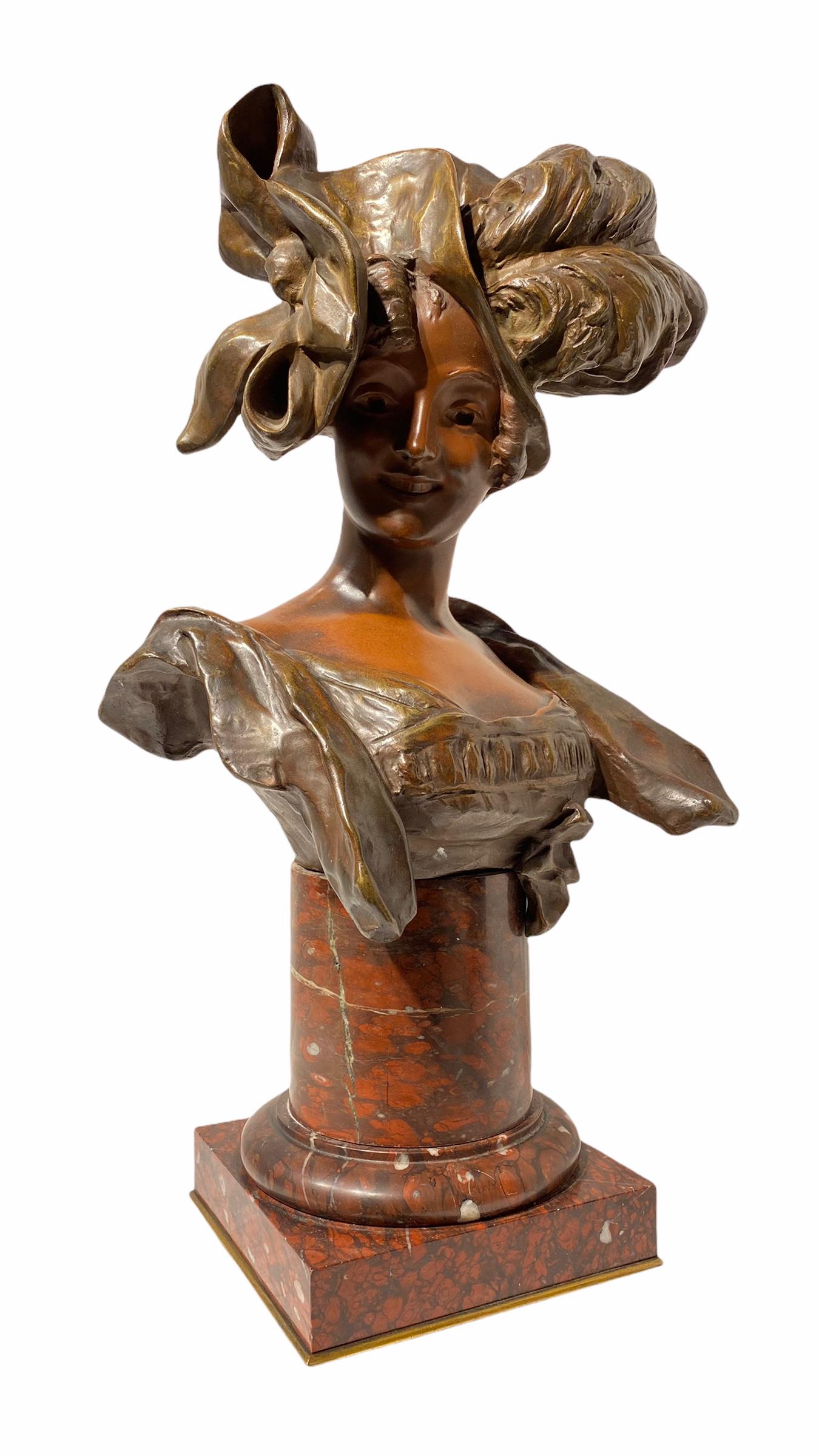 Art Nouveau Bronze Bust by Georges van der Straeten (1856-1928). Finely cast and mounted on rouge marble pedestal.