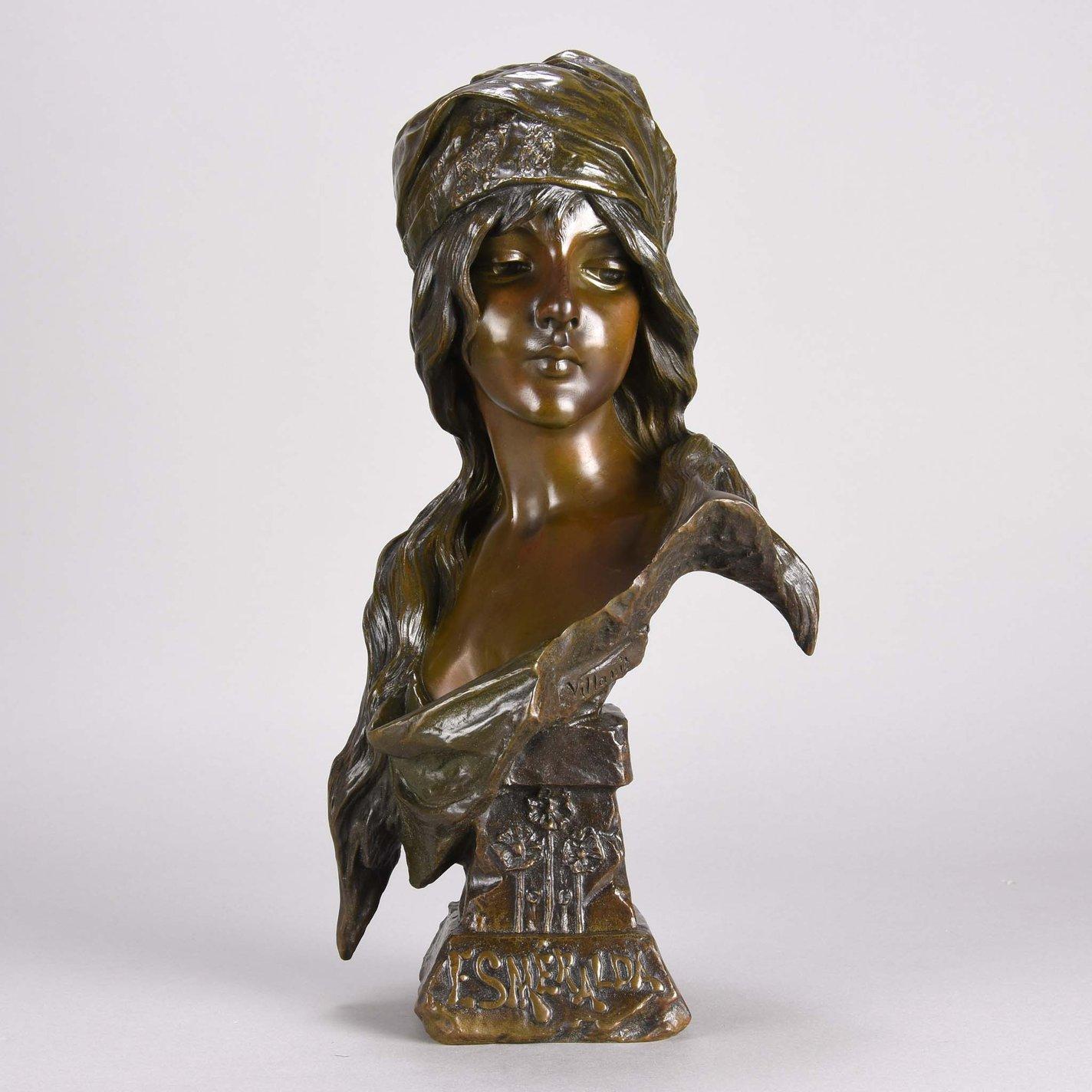 An attractive late 19th century French Art Nouveau bronze bust of a young beauty with a look of deep contemplation on her face with excellent hand finished surface detail and very fine rich brown variegated patina. Titled, signed E Villanis and